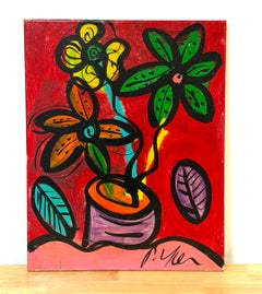 Peter Keil, natura morta floreale espressionista su fondo rosso, firmata, olio su tela