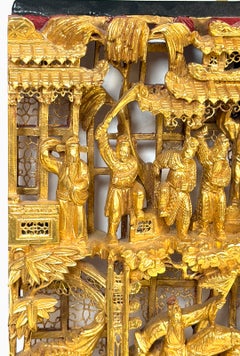 Chinese Export Carved Giltwood & Lacquer Three-Scene Battle Panel, 20th C