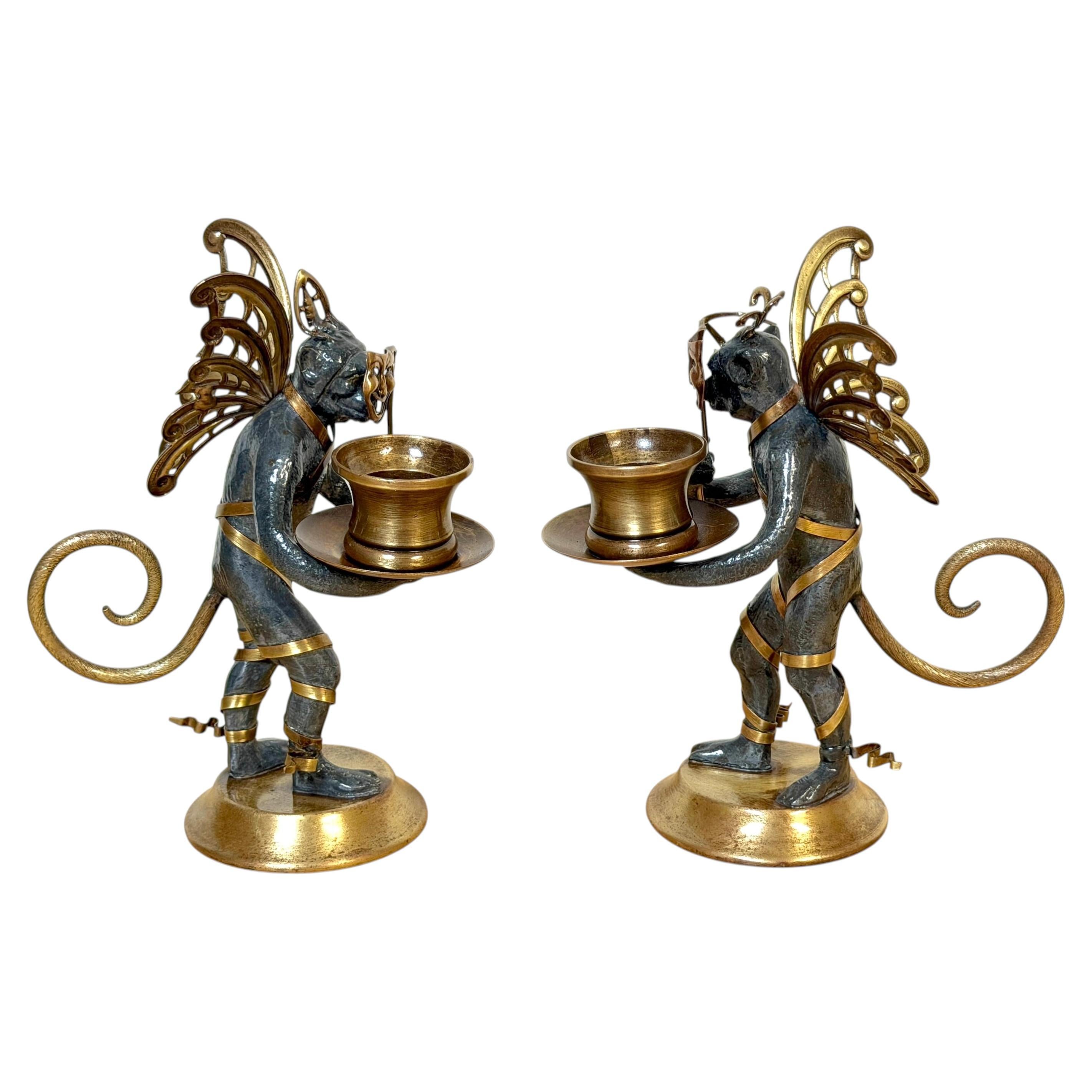 Pair Belle Époque Style Winged Monkey Masquerade Tragedy & Comedy Chambersticks For Sale