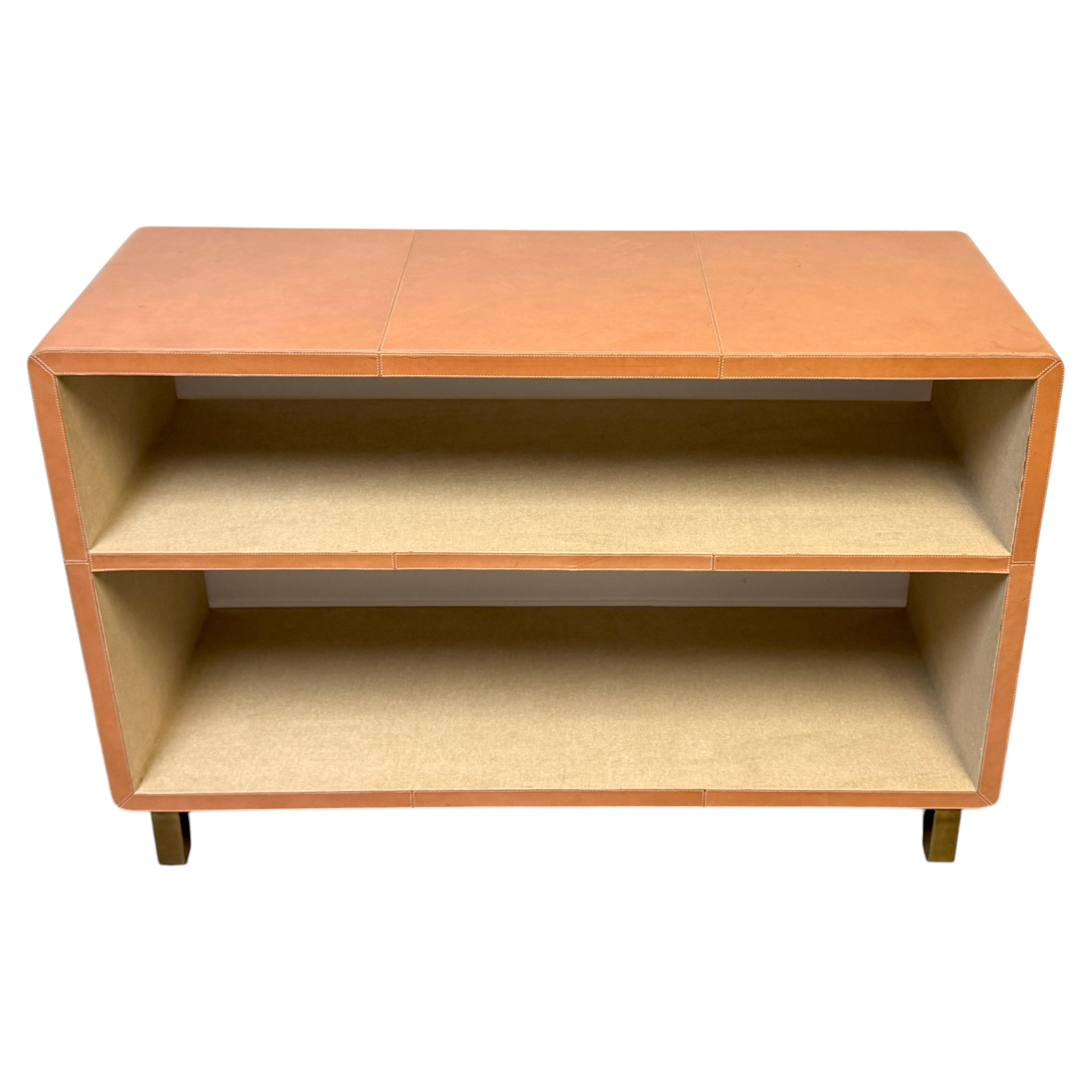 Made Goods Dante Aged Camel Leather Two-Shelf Bookcase Console, 2000s For Sale