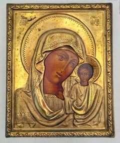 Russische Ikone der Mutter Gottes von Kasan mit Messingrahmen, Ende des 20. Jahrhunderts