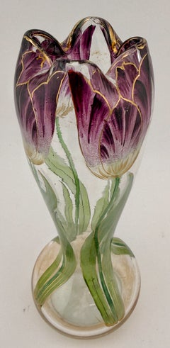 Harrach Art Nouveau Enameled Tulip-Form Glass Bud Vase, circa 1900