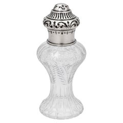 Bouteille de coiffeuse ancienne américaine en argent massif et cristal taillé, vers 1900