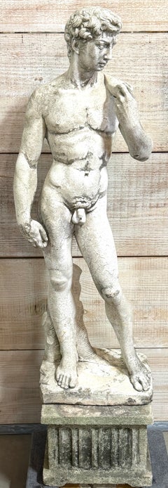 Vintage Cast Stone Sculpture of Michelangelo’s David on Neoclassical Pedestal