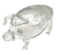 Late 20th-Century Hand-Blown Clear Glass Pig Sculpture, Inscribed “P.F.”