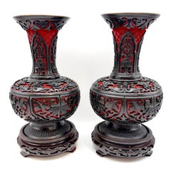 Pair of Chinese Red and Black Archaistic Vases with Blue Enamel, circa 1980