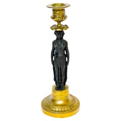 French Empire Single Ormolu and Patinated Bronze Caryatid Candlestick, C. 1810