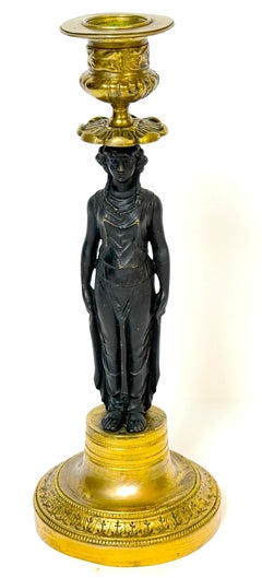 French Empire Single Ormolu and Patinated Bronze Caryatid Candlestick, C. 1810