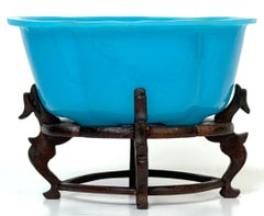 Chinese Peking Blue Glass Lobed Scholar’s Brush Washer on Hardwood Stand, circa