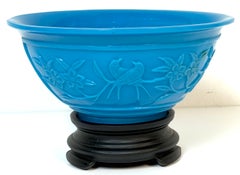 Chinese Carved Peking Blue Glass Bird and Blossom Bowl on Stand, circa 1950
