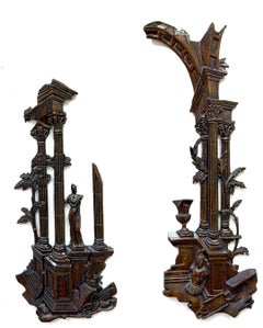 Pair of Signed Palladio Carved Fruitwood Roman Forum Panels, Italy, 1960s