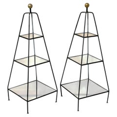 Pair of Maison Jansen Style Iron Étagères with Mirrored Shelves and Brass Finial