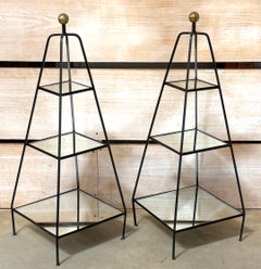 Pair of Maison Jansen Style Iron Étagères with Mirrored Shelves and Brass Finial