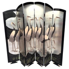 Art Deco Style Six-Panel Silver Leaf Crane Screen, Hong Kong, Circa 1980