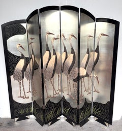 Art Deco Style Six-Panel Silver Leaf Crane Screen, Hong Kong, Circa 1980
