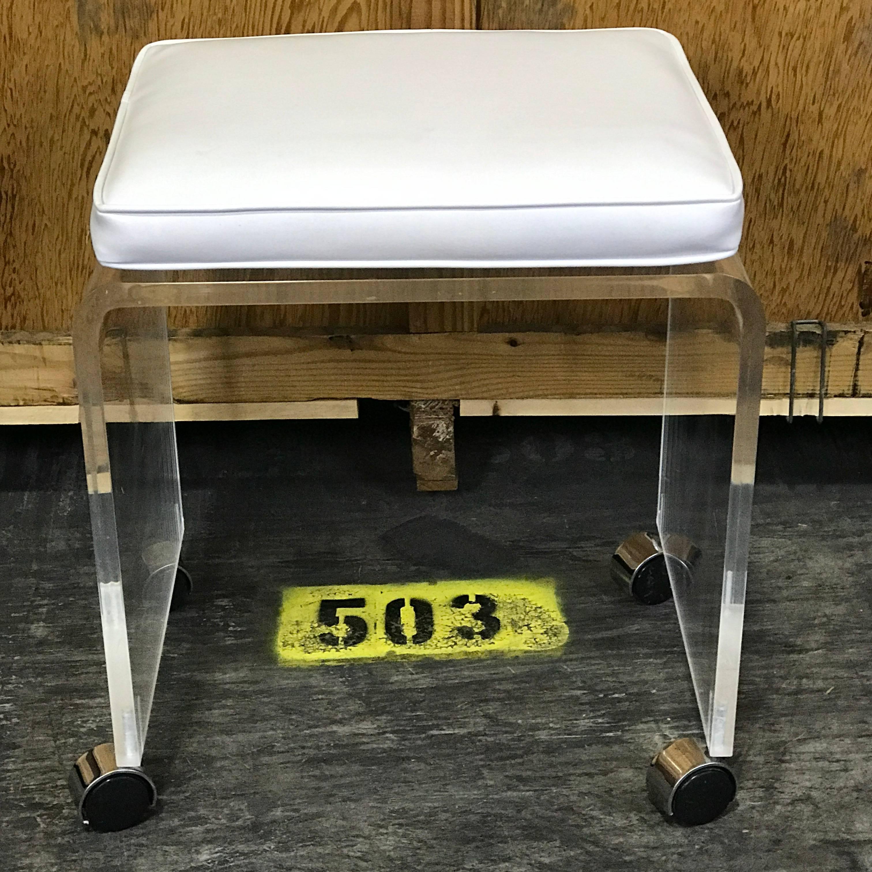 Mid-Century Modern Lucite Bench or Stool with White Naugahyde Cushion Raised on Chrome Casters