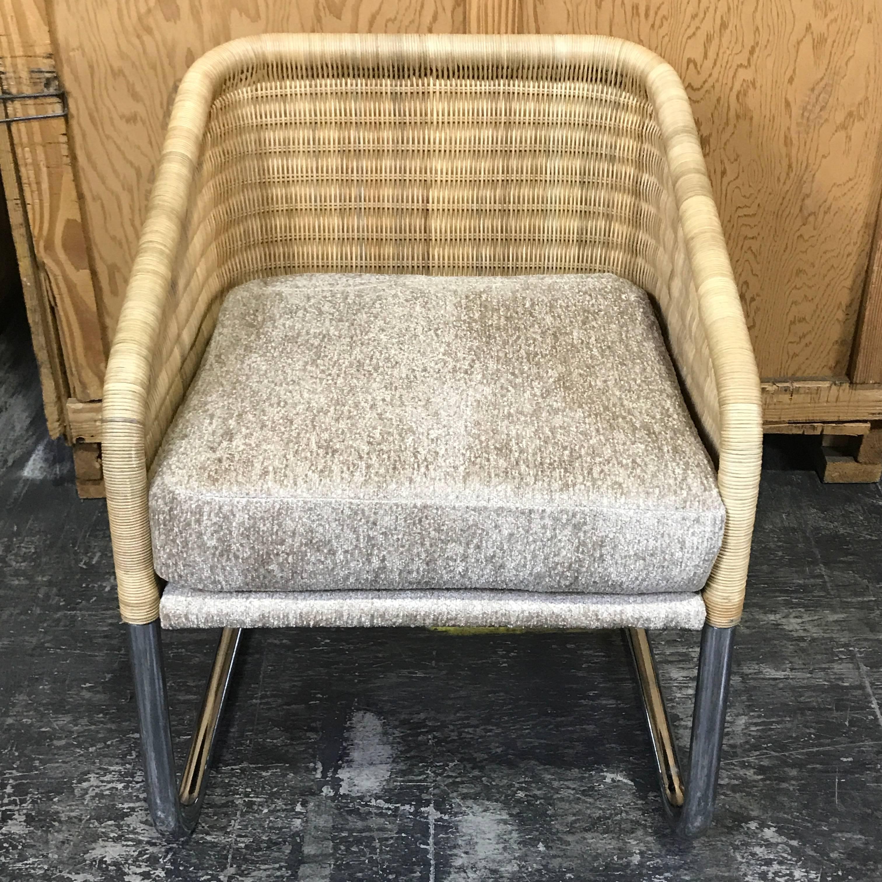 Single Martin Visser wicker and chrome cantilever club chair, with bright and shiny chrome, strong wicker bucket seat with newly upholstered seat and seat (20