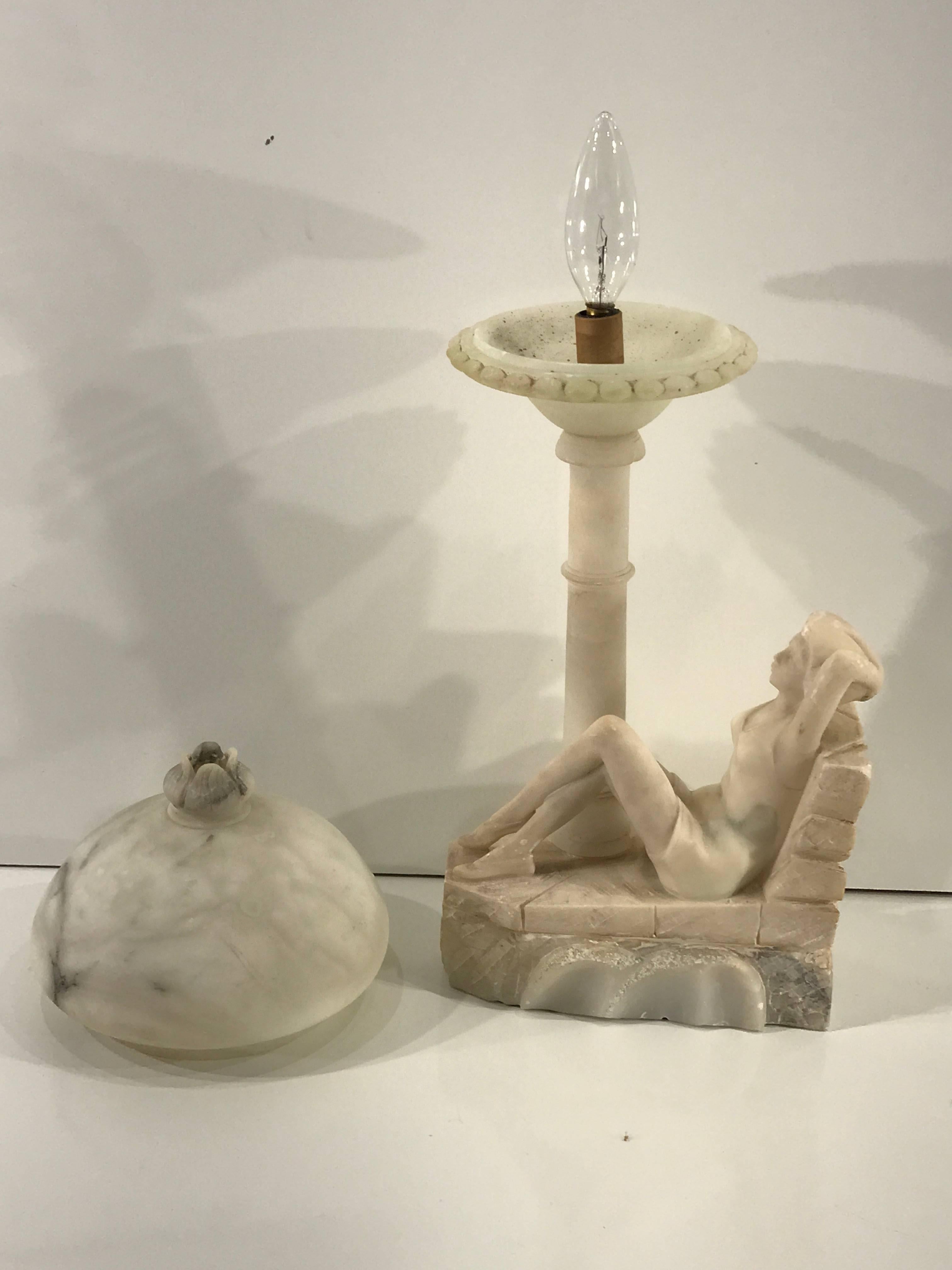 Art Deco Bathing Beauty Carved Alabaster and Marble Boudoir/Table Lamp 4