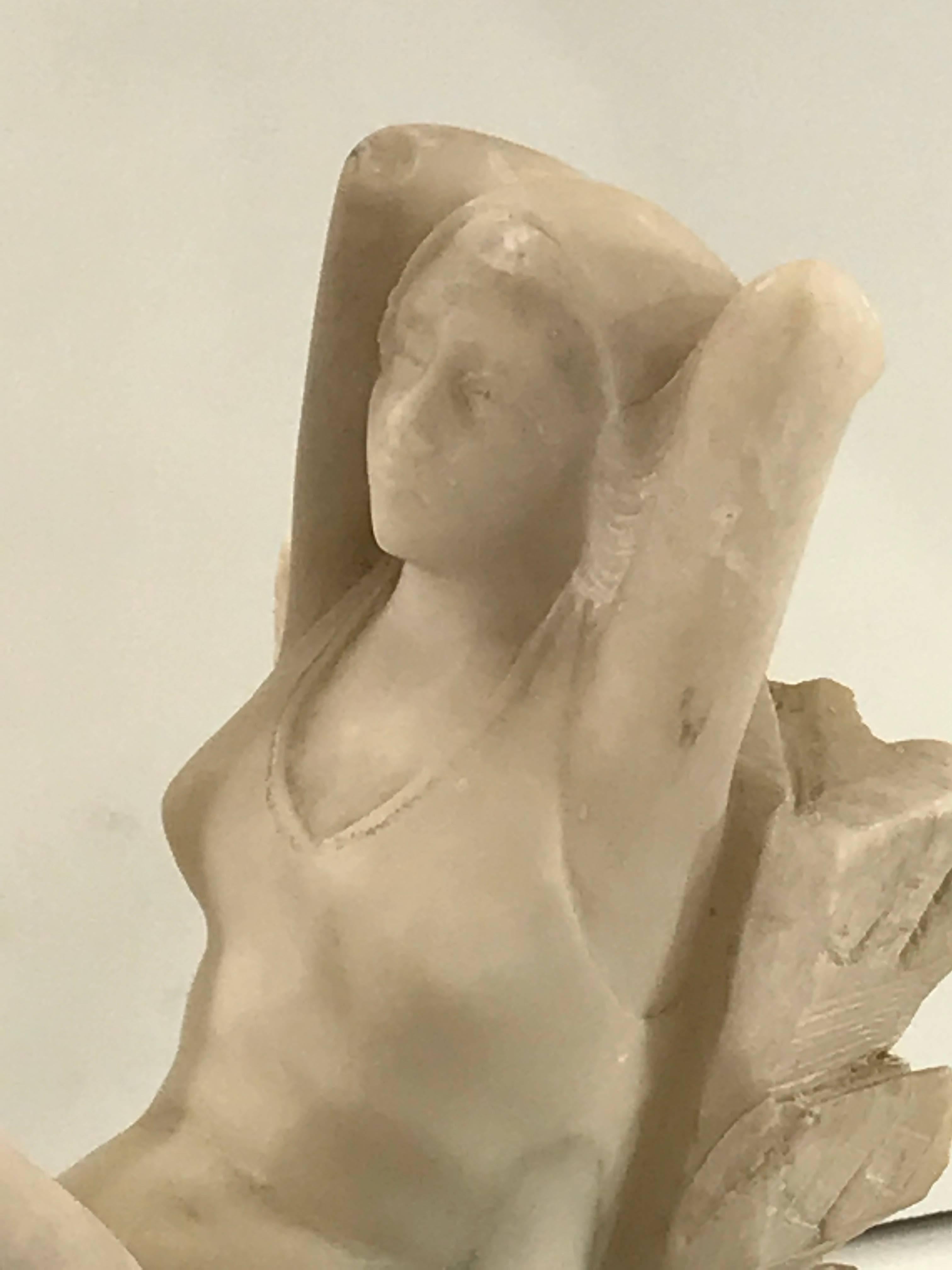 French Art Deco Bathing Beauty Carved Alabaster and Marble Boudoir/Table Lamp