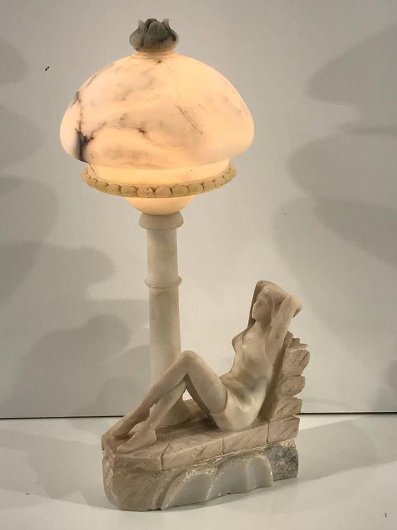 Art Deco Bathing Beauty Carved Alabaster and Marble Boudoir/Table Lamp