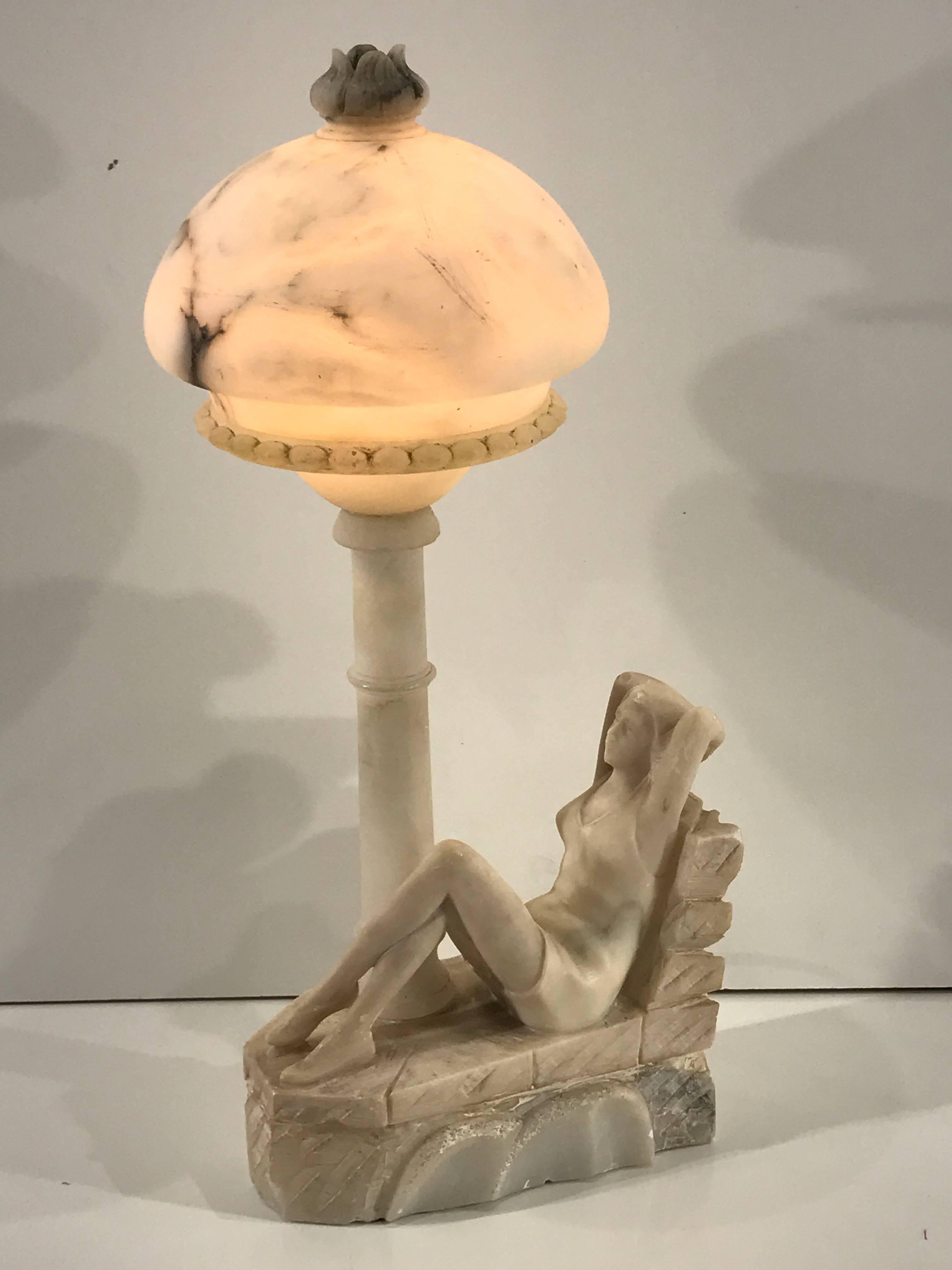 Art Deco bathing beauty carved alabaster and marble boudoir/ table lamp,
The removable 