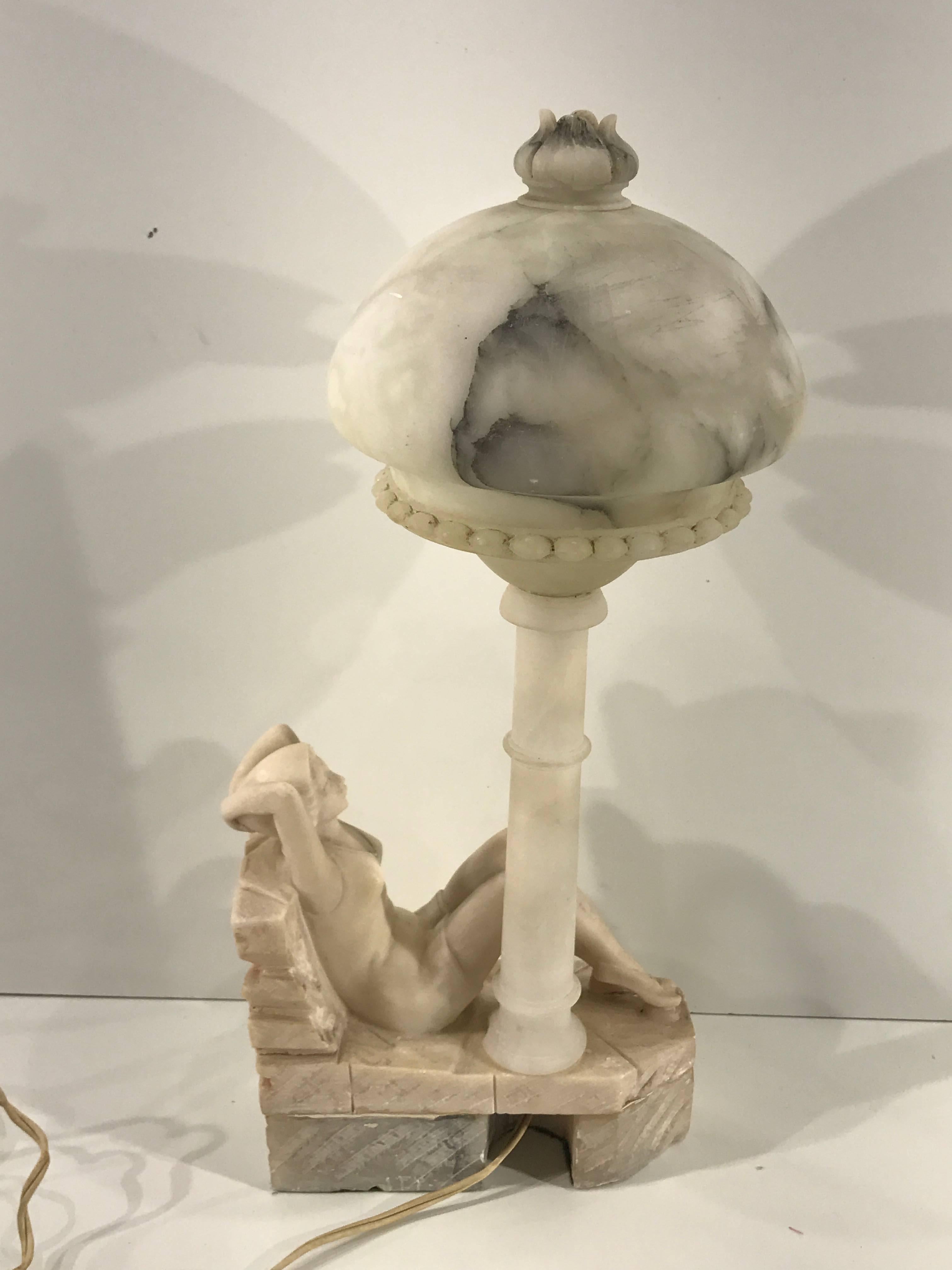 Art Deco Bathing Beauty Carved Alabaster and Marble Boudoir/Table Lamp 2