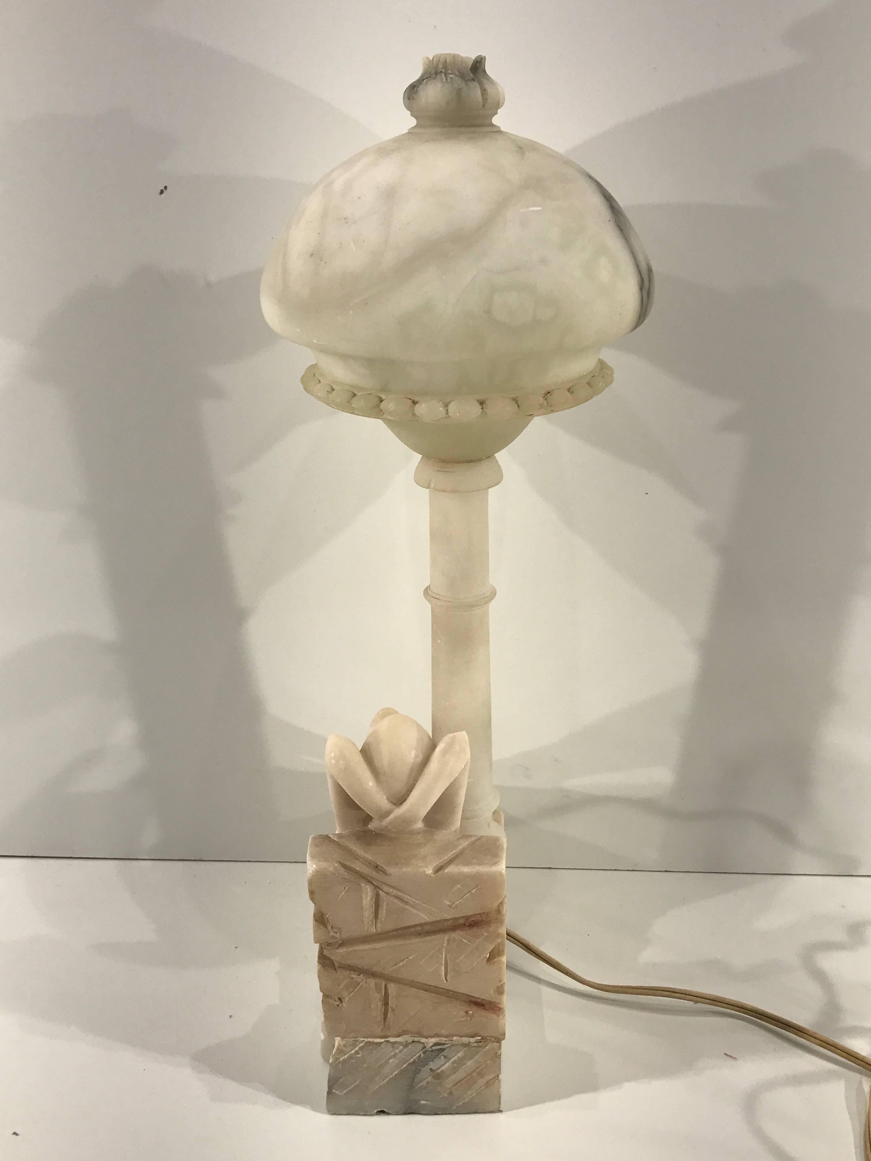 Art Deco Bathing Beauty Carved Alabaster and Marble Boudoir/Table Lamp 3