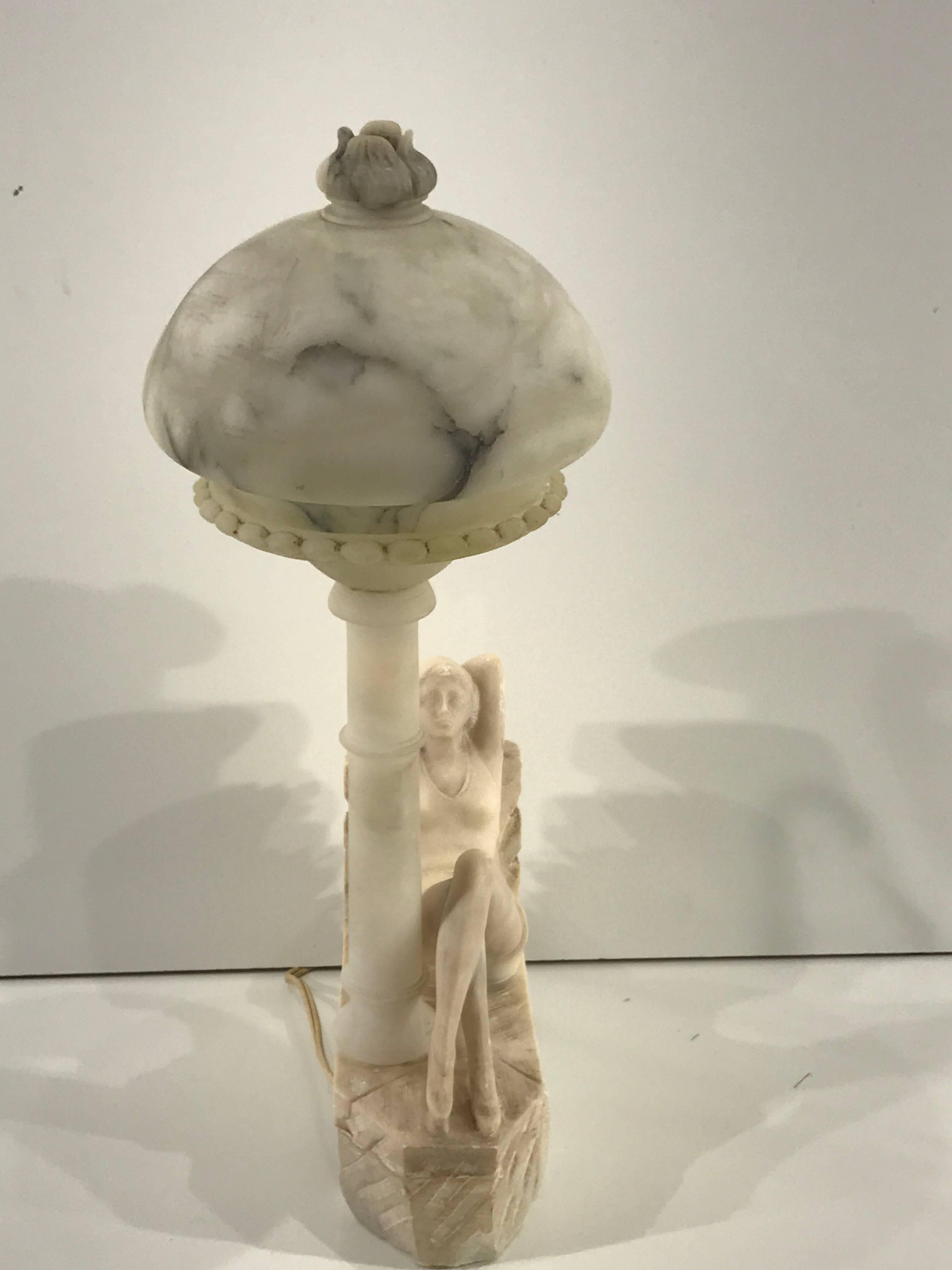 Early 20th Century Art Deco Bathing Beauty Carved Alabaster and Marble Boudoir/Table Lamp
