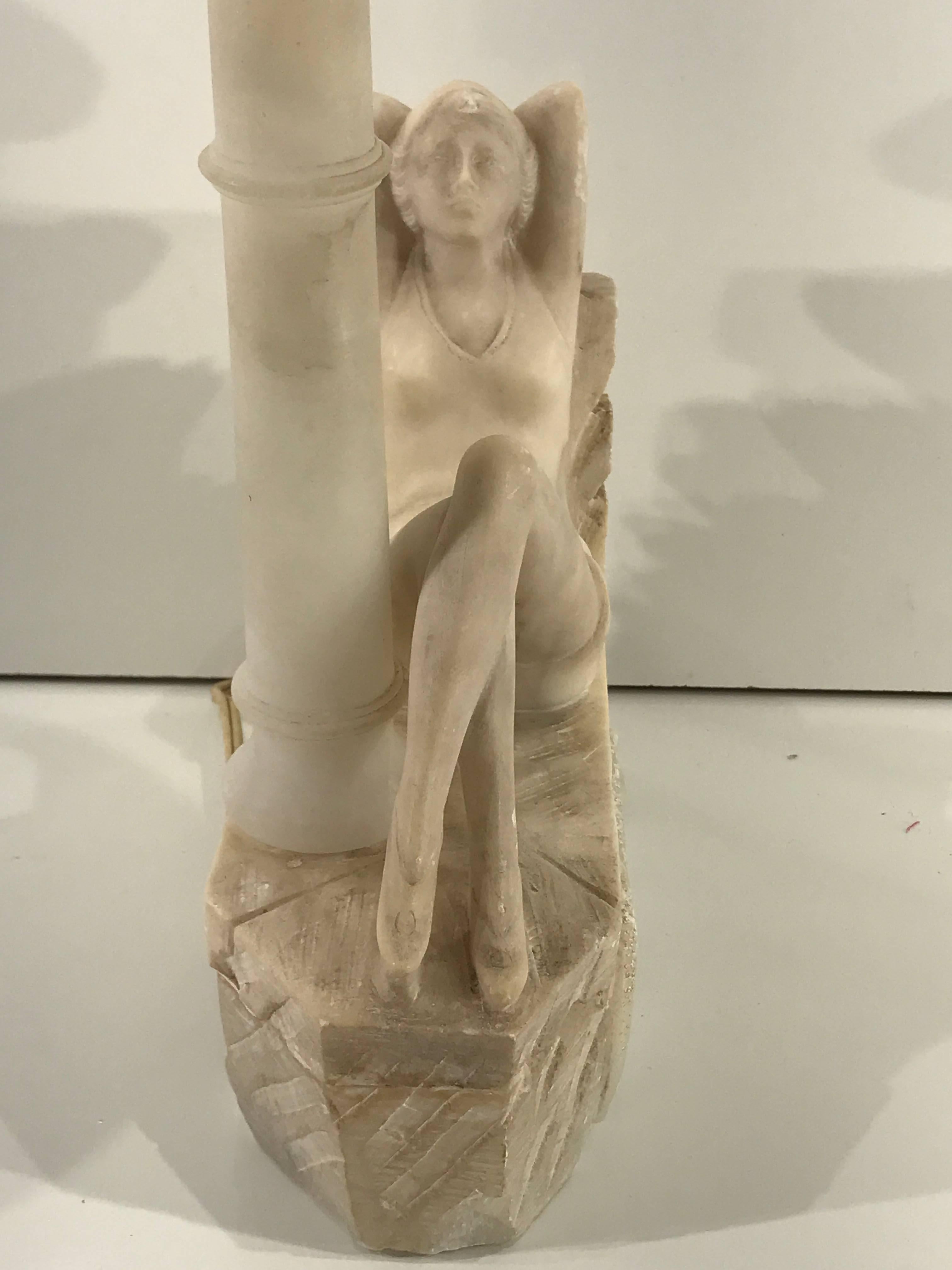 Art Deco Bathing Beauty Carved Alabaster and Marble Boudoir/Table Lamp 1