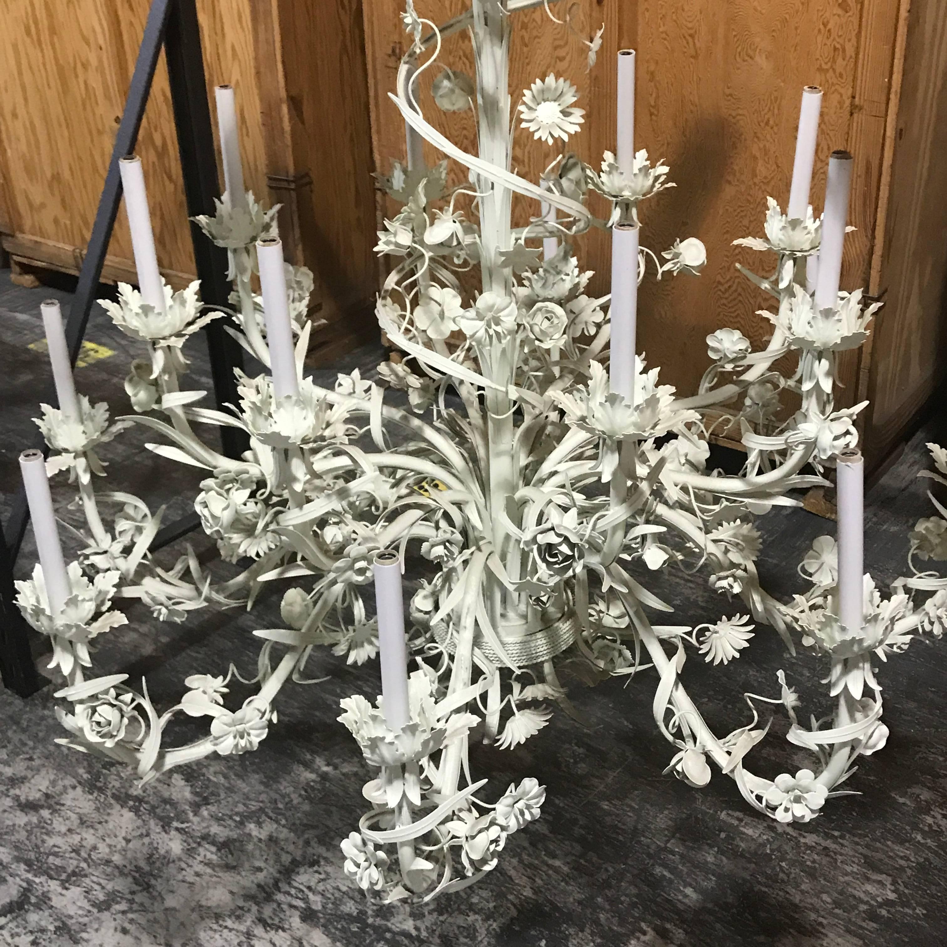 Enameled Beautiful Large-Scale Italian Sixteen Light Two-Tier White Floral Chandelier