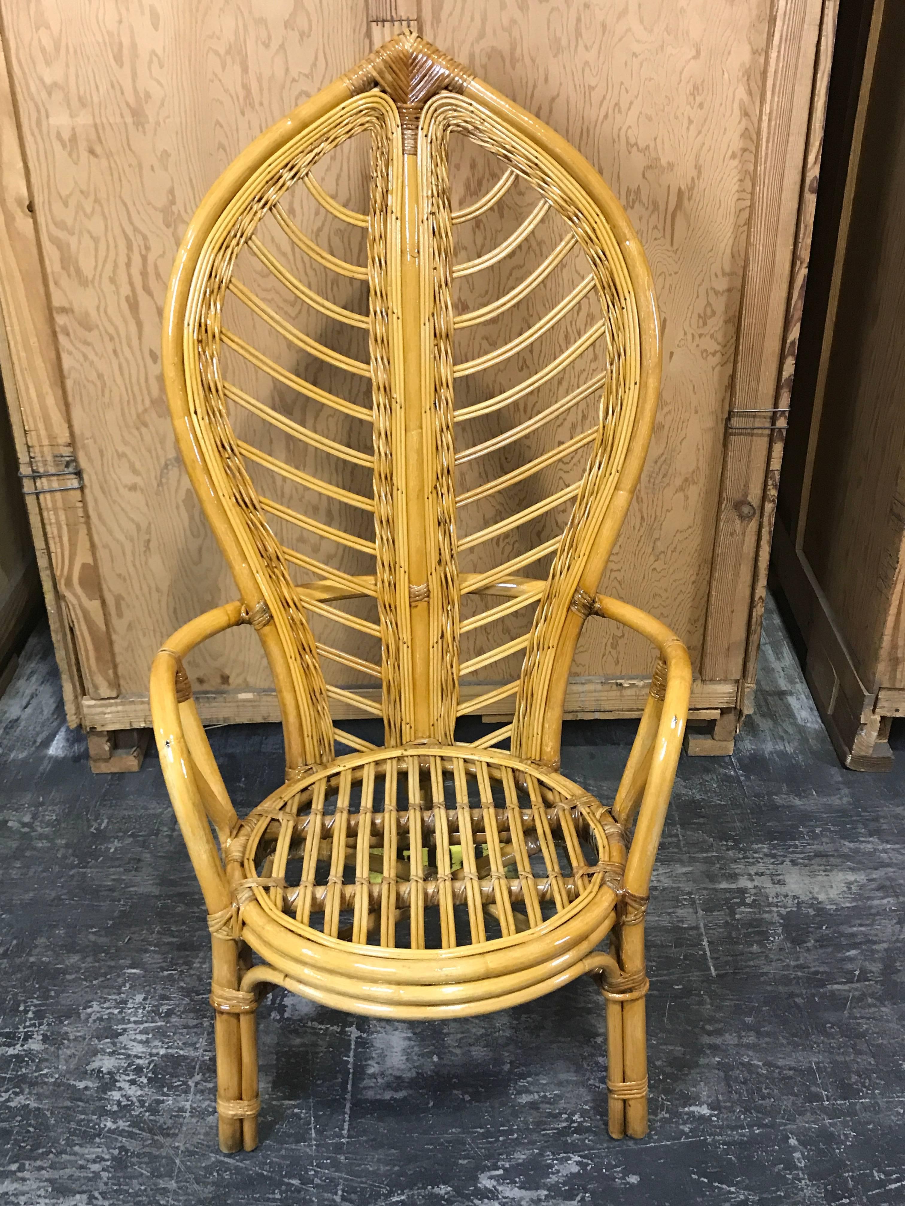 Mid-Century Modern Italian exotic leaf motif rattan armchair, beautifully constructed, with newly upholstered 20