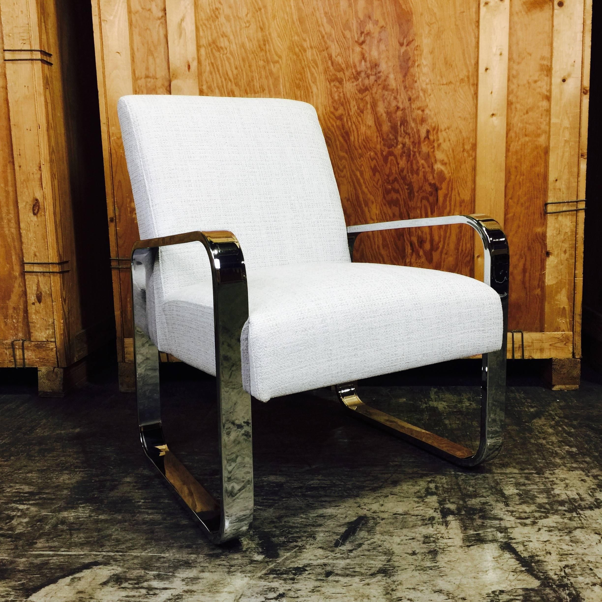 American Pair of Mid-Century Upholstered Club Chairs with Polished Chrome Frame