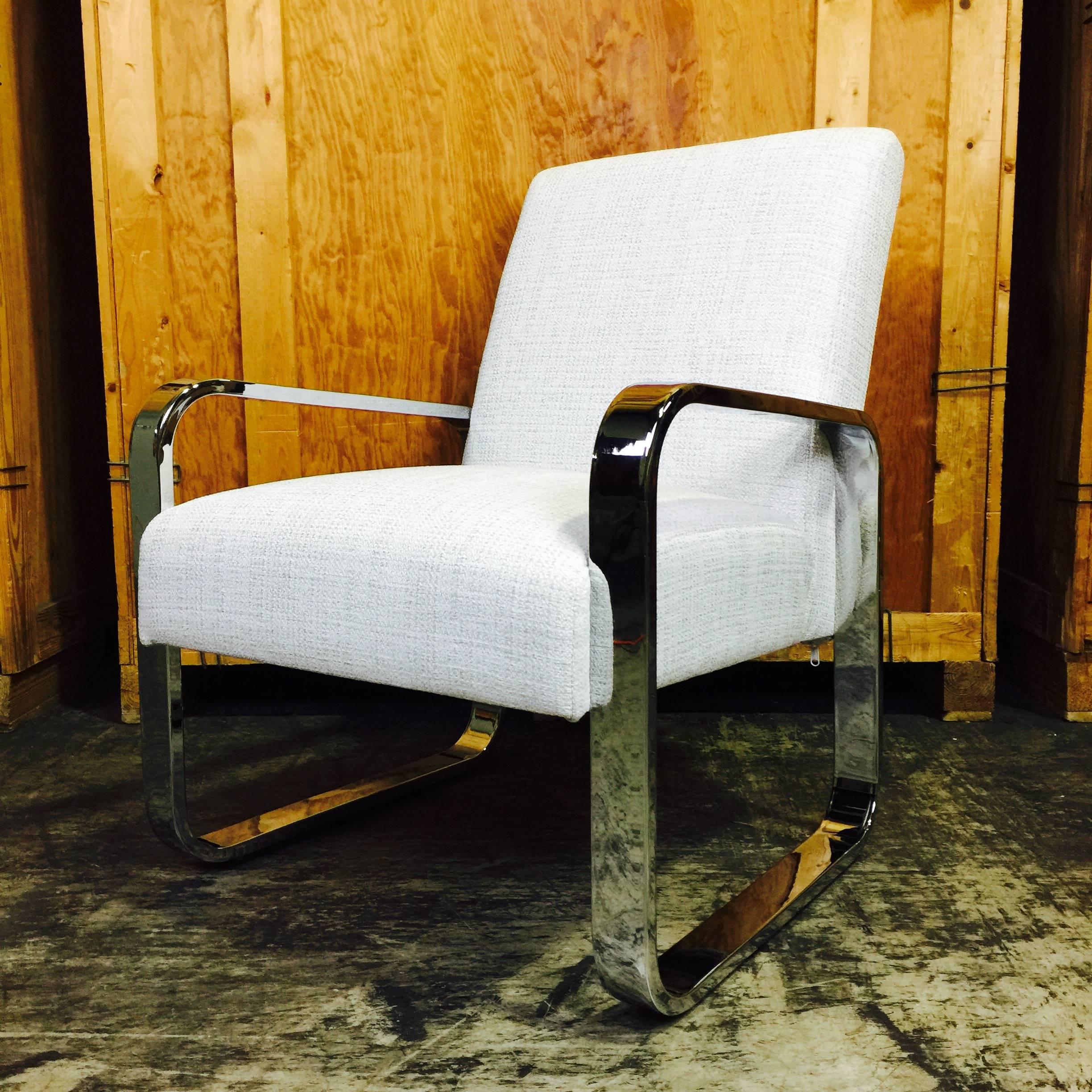 20th Century Pair of Mid-Century Upholstered Club Chairs with Polished Chrome Frame