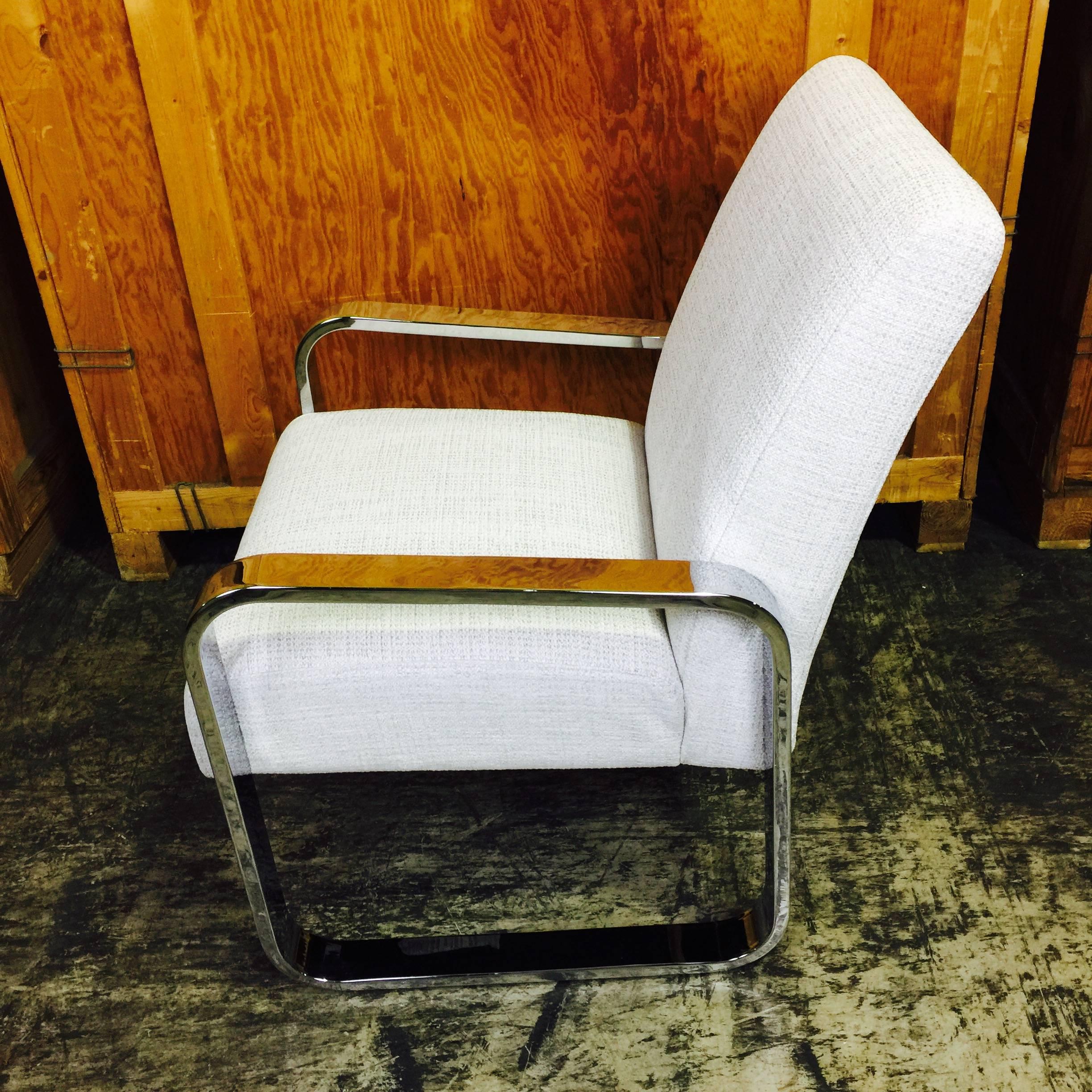 Pair of Mid-Century Upholstered Club Chairs with Polished Chrome Frame 1