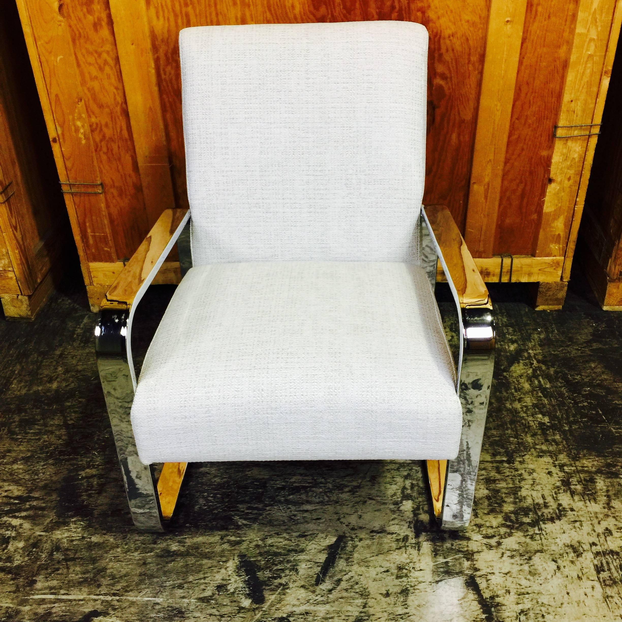Pair of Mid-Century Upholstered Club Chairs with Polished Chrome Frame 2