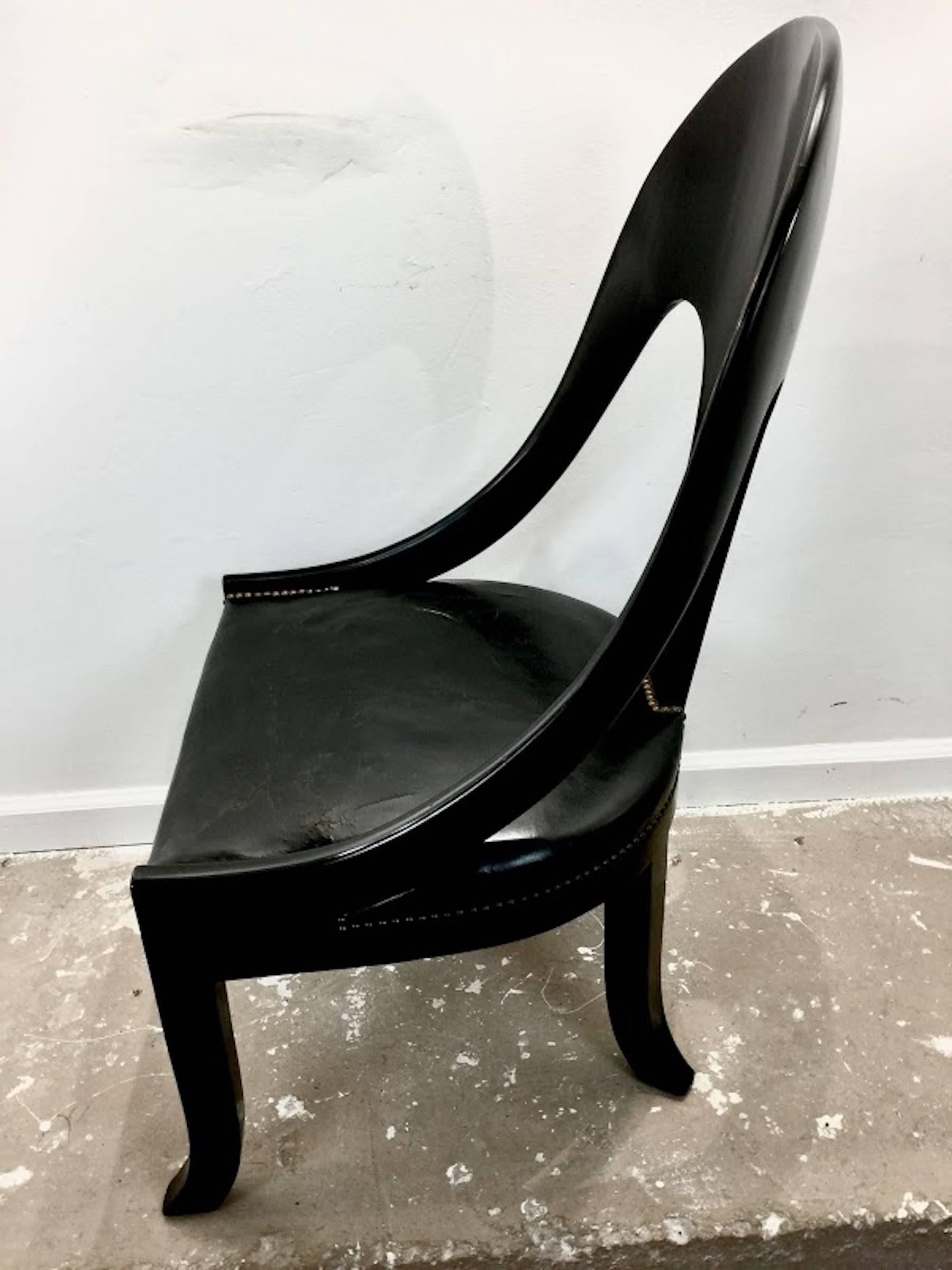 Modern Pair of Vintage Black Lacquer Spoon Back Chairs