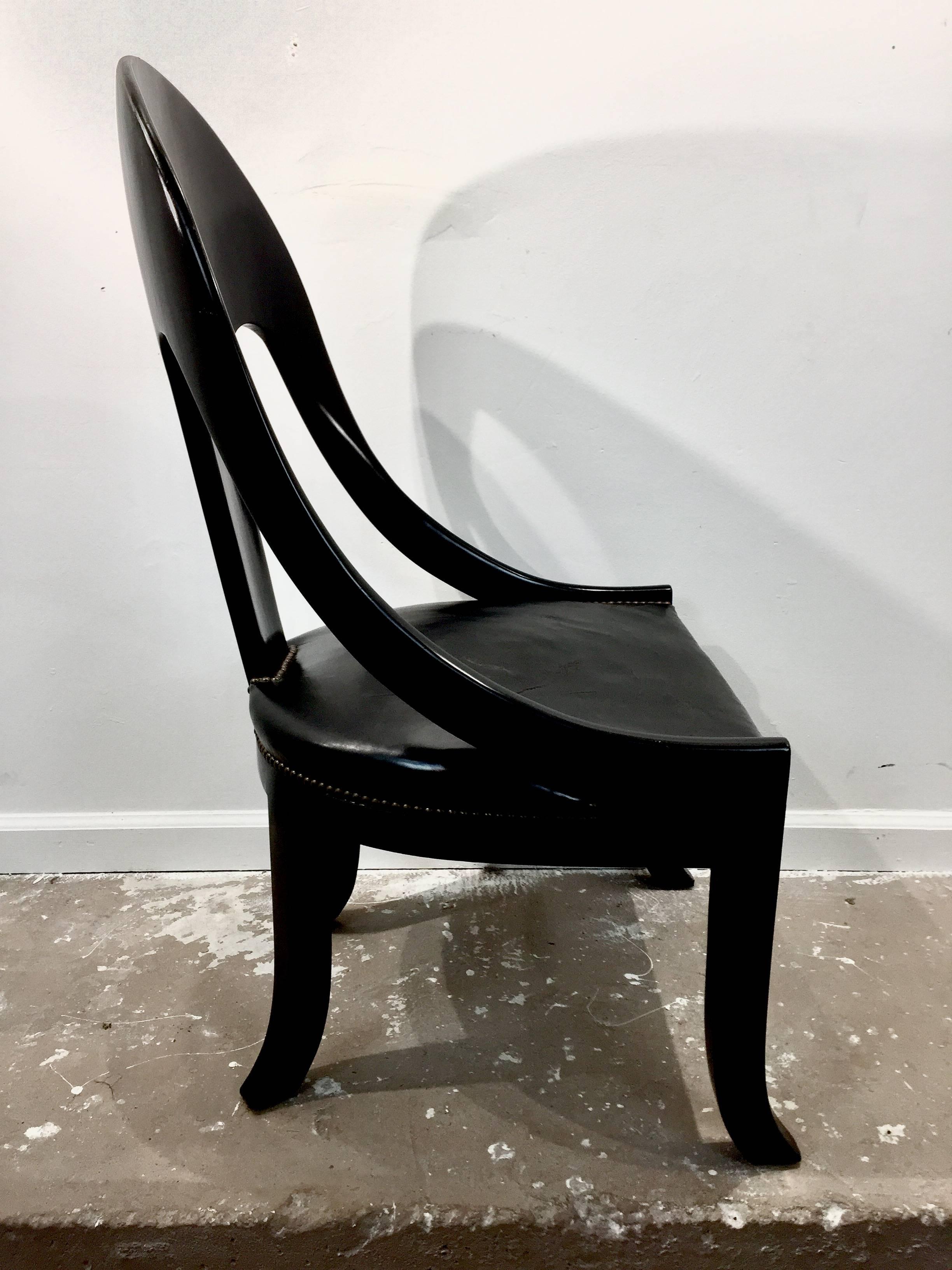 Lacquered Pair of Vintage Black Lacquer Spoon Back Chairs