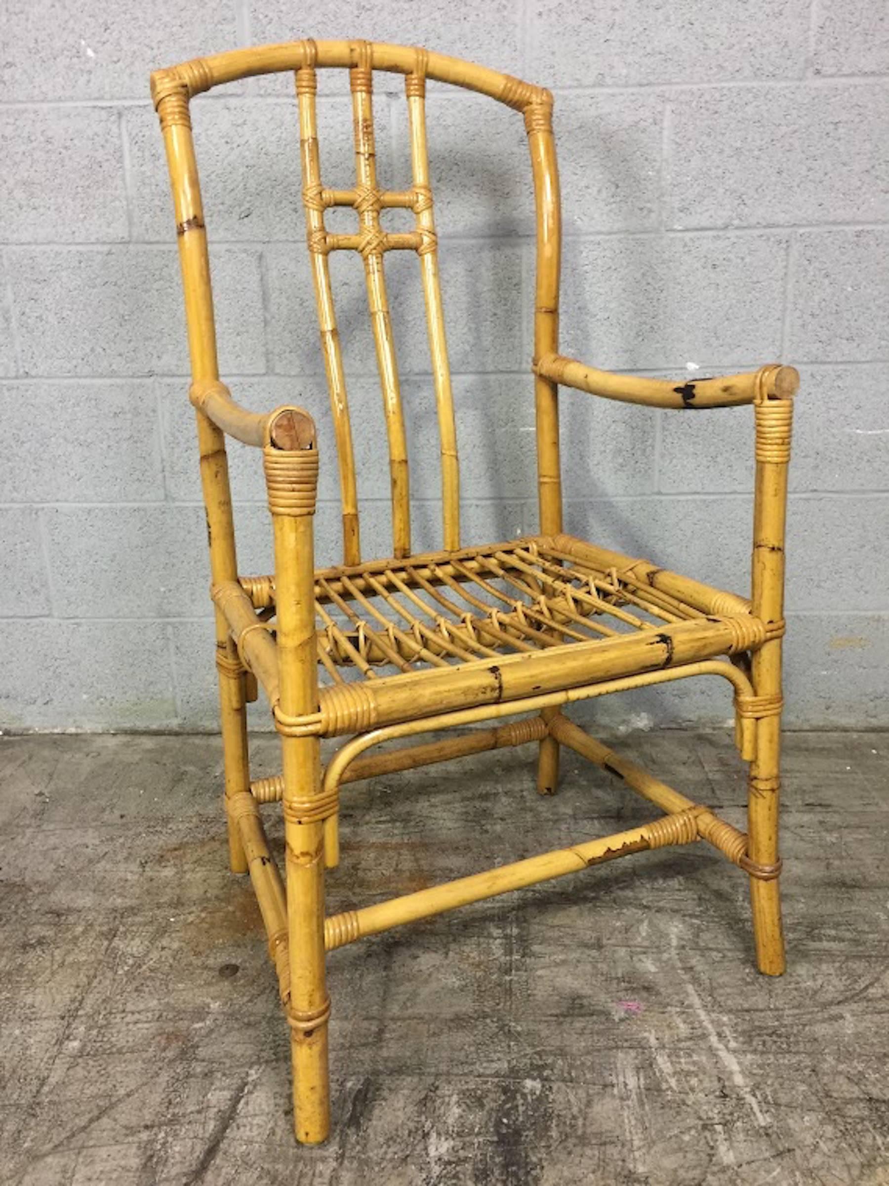Set of Six Mid-Century Chinese Export Bamboo and Rattan Dining Chairs In Excellent Condition In West Palm Beach, FL