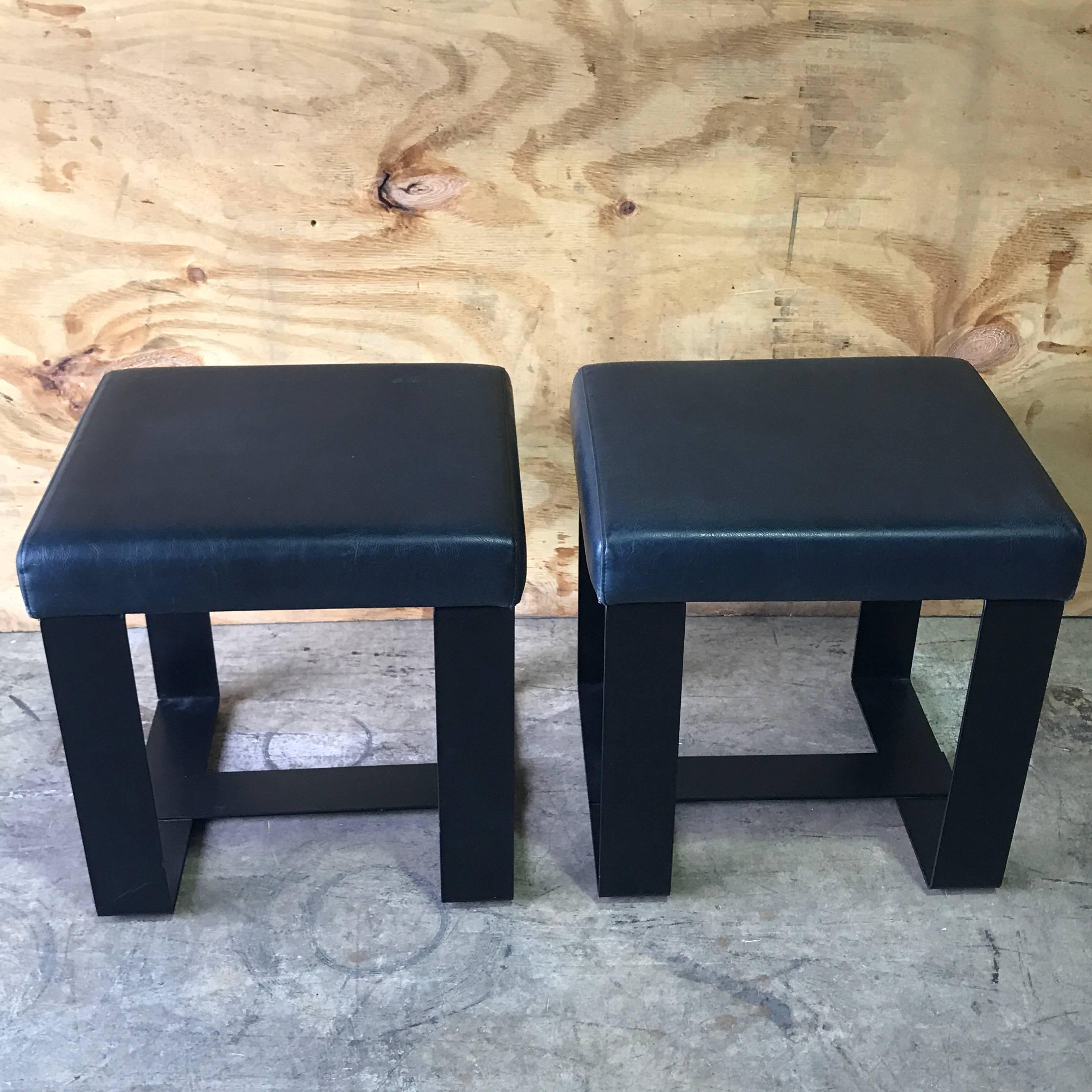 Forged Pair of French Modern Iron and Leather Cube Benches