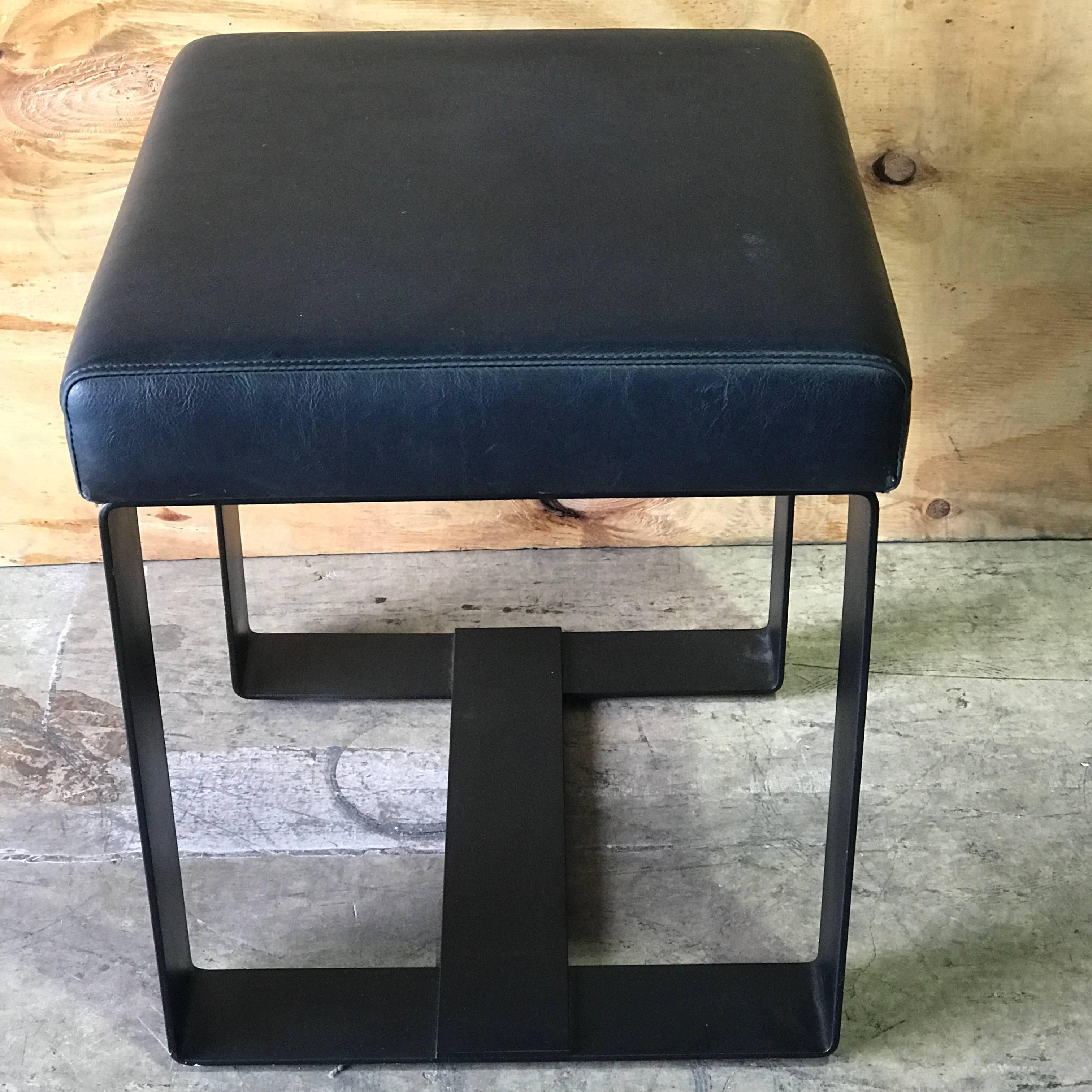Pair of French Modern Iron and Leather Cube Benches 2