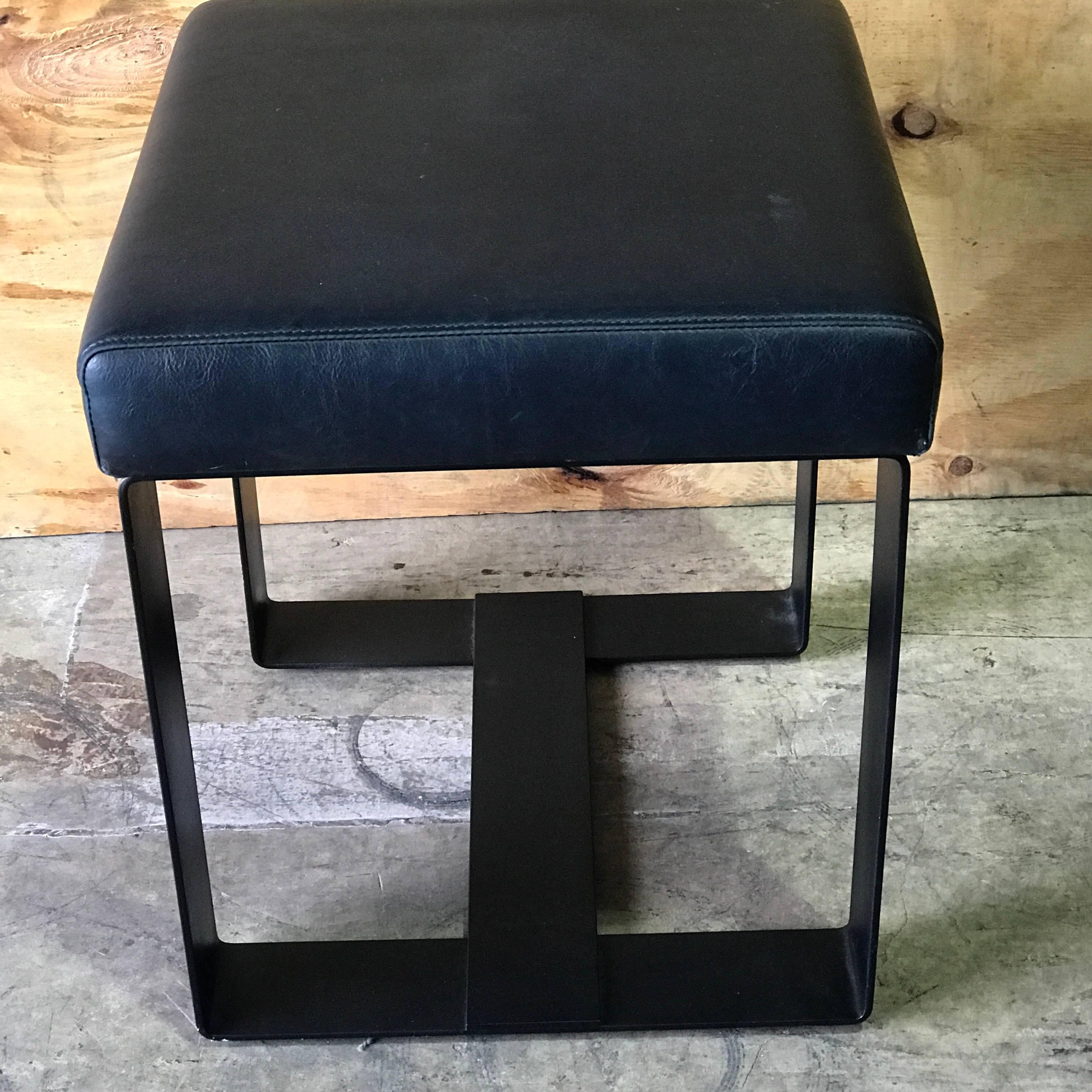 20th Century Pair of French Modern Iron and Leather Cube Benches