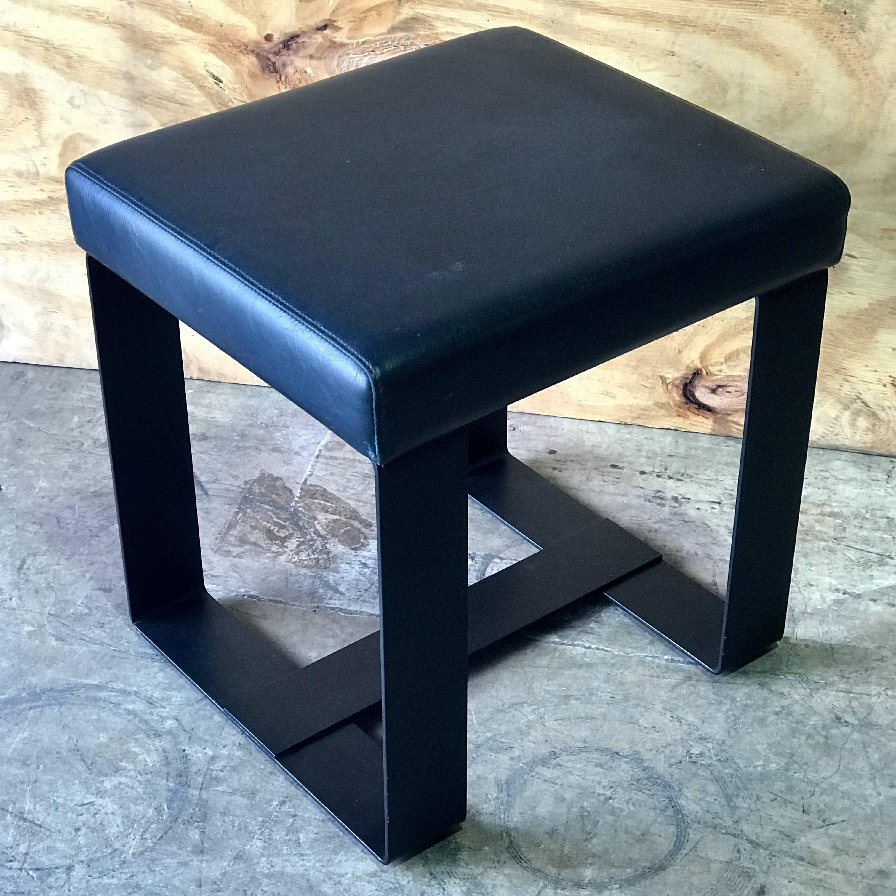 Pair of French Modern Iron and Leather Cube Benches In Good Condition In West Palm Beach, FL