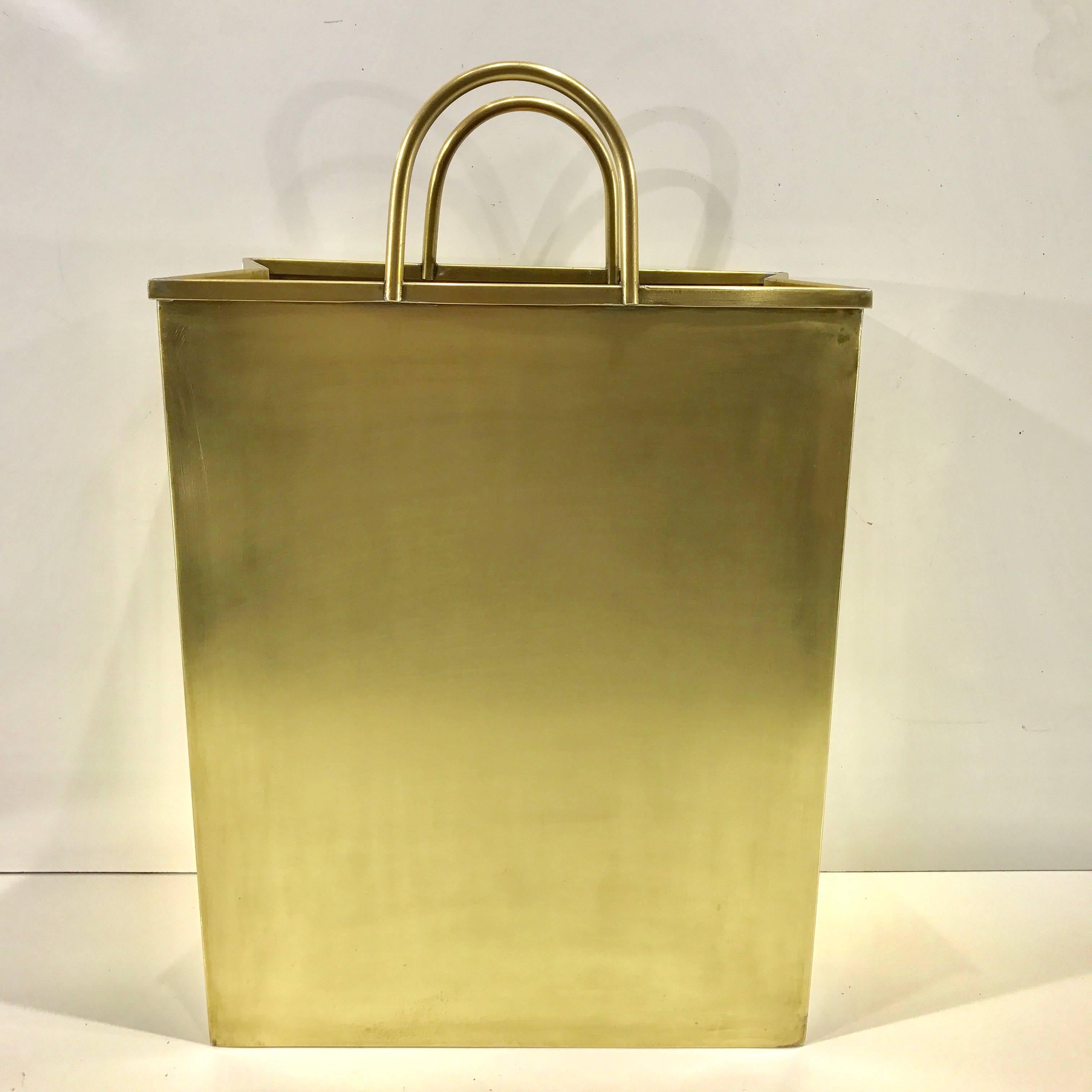 Italian Gio Ponti, Attributed Bushed Brass Shopping Bag Magazine/Umbrella Stand