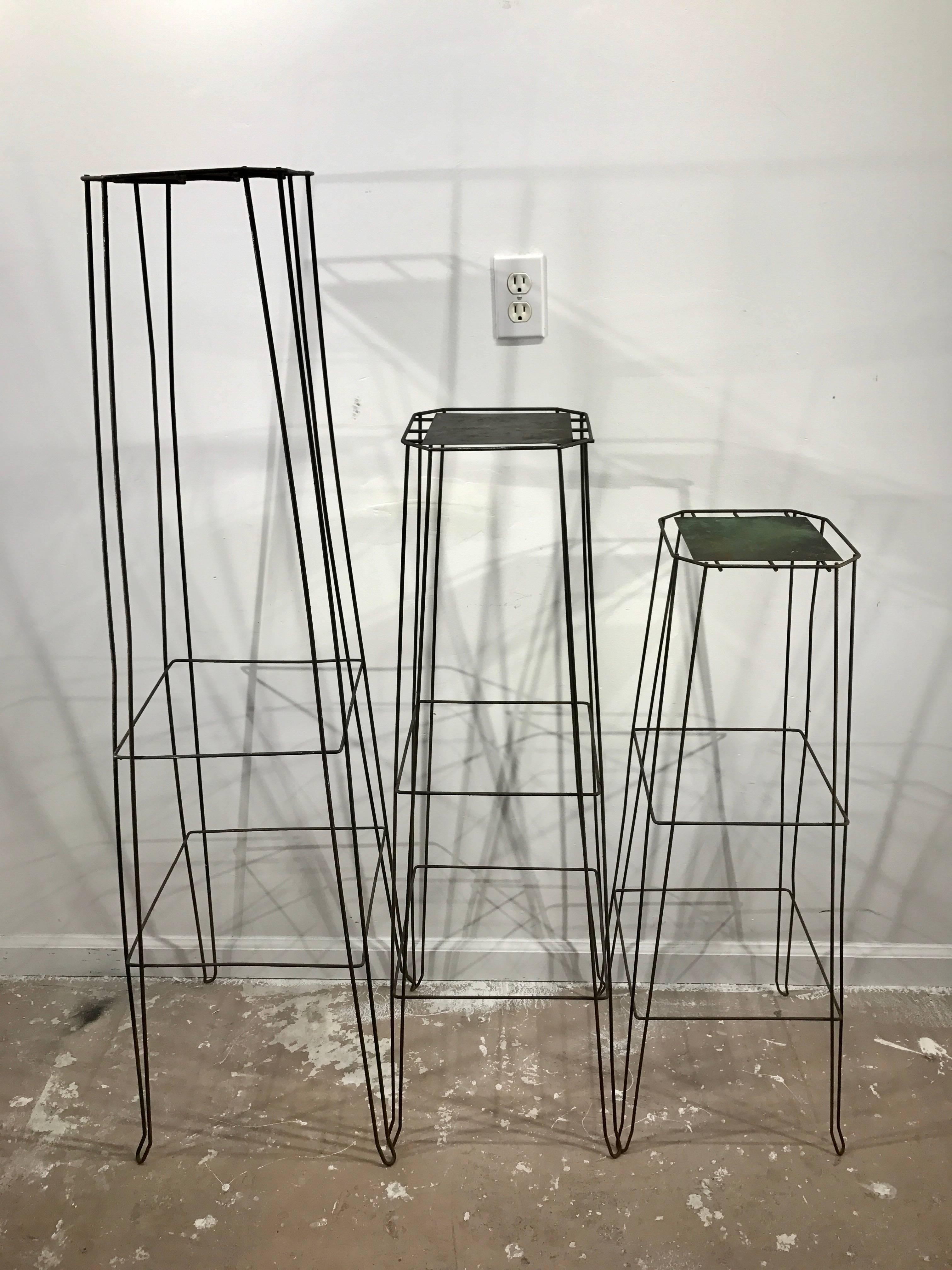 Industrial Seven Antique Wrought Iron Floral Store Display Pedestals , in Varying Heights