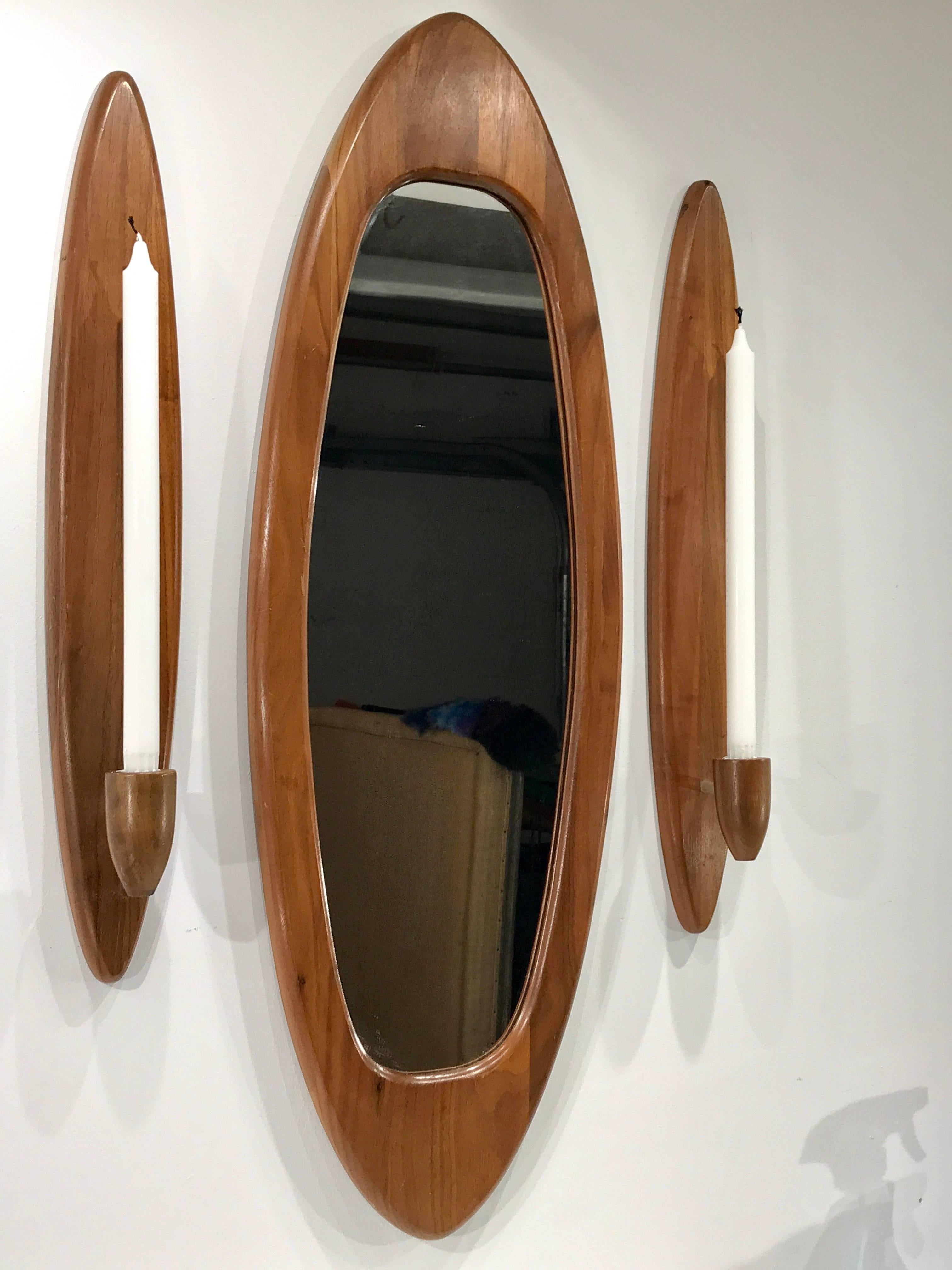 Mid-Century Modern Danish Modern Teak Surfboard Three Piece Mirror Garniture