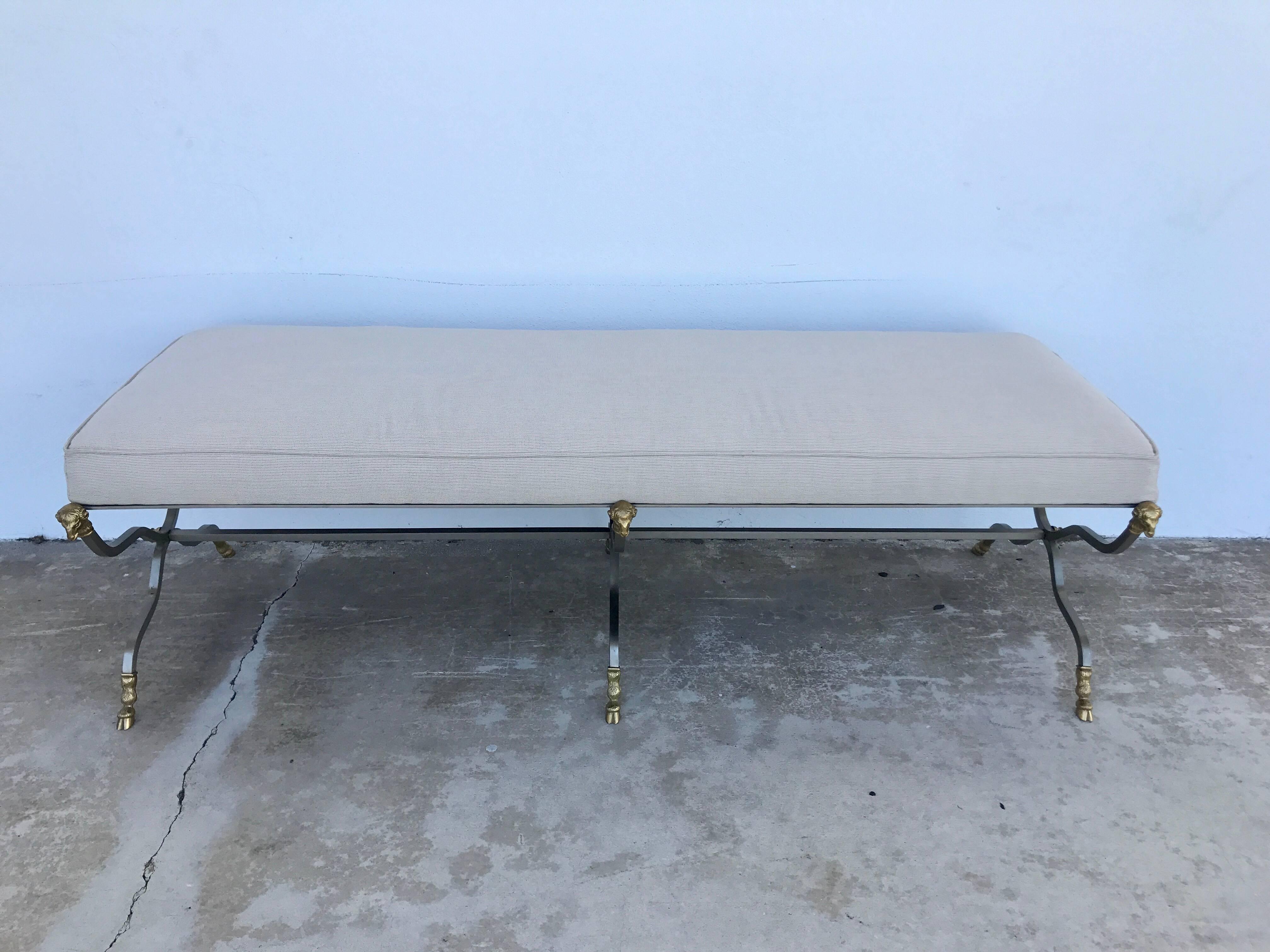 Maison Jansen Attributed Steel and Brass Ram Motif Long Bench In Excellent Condition In West Palm Beach, FL