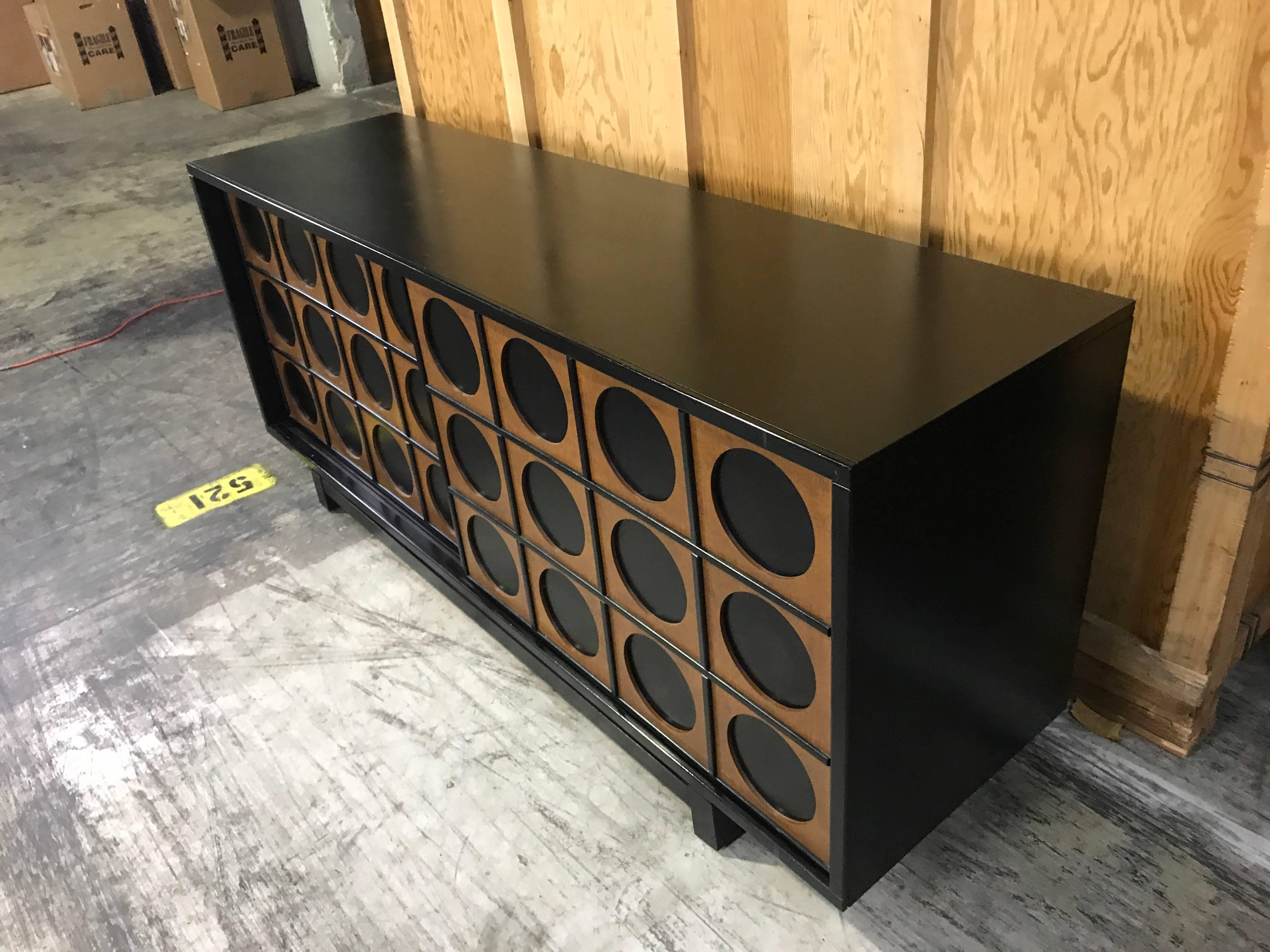 Large Blackened Teak Graphical Credenza or Sideboard In Good Condition In West Palm Beach, FL