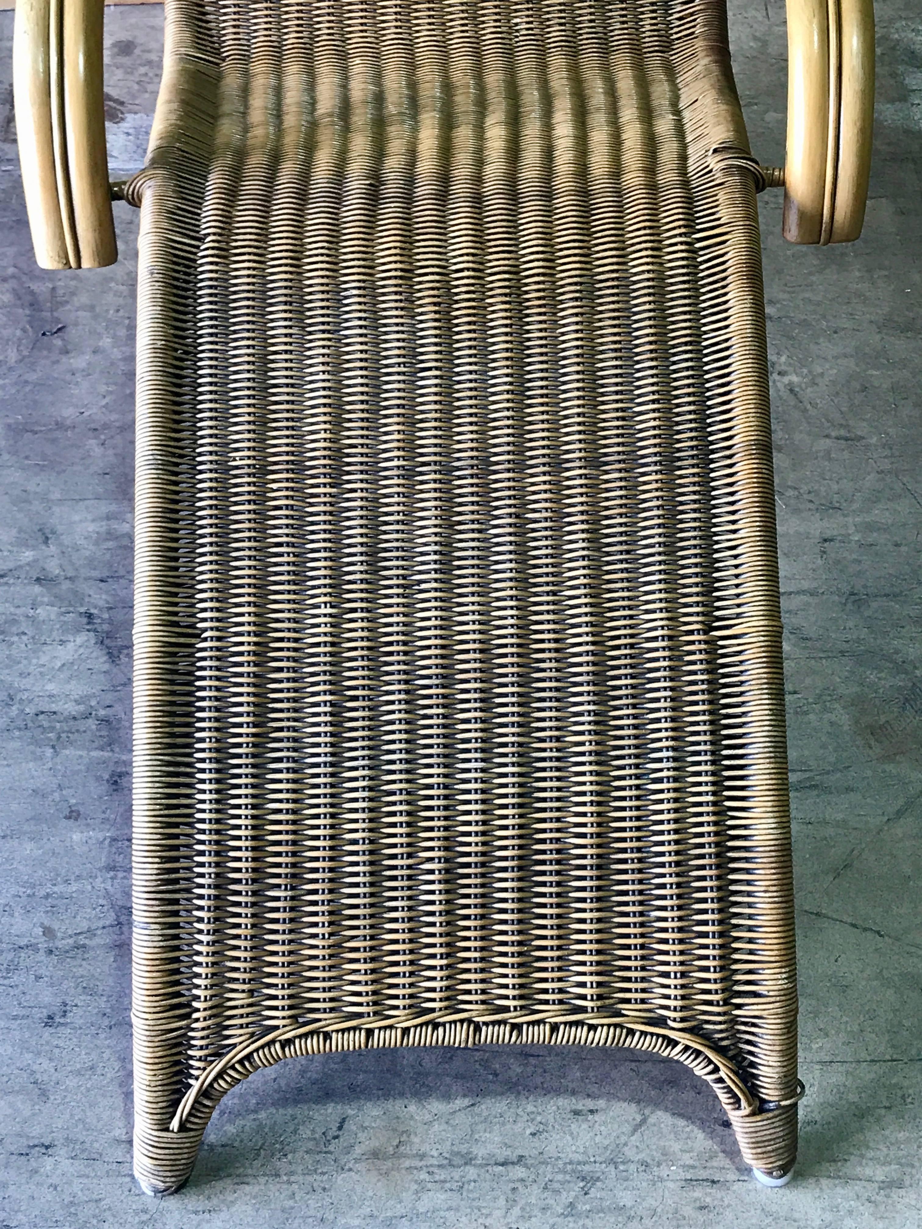 Midcentury Italian Woven Rattan Chaise Lounge, Restored 1