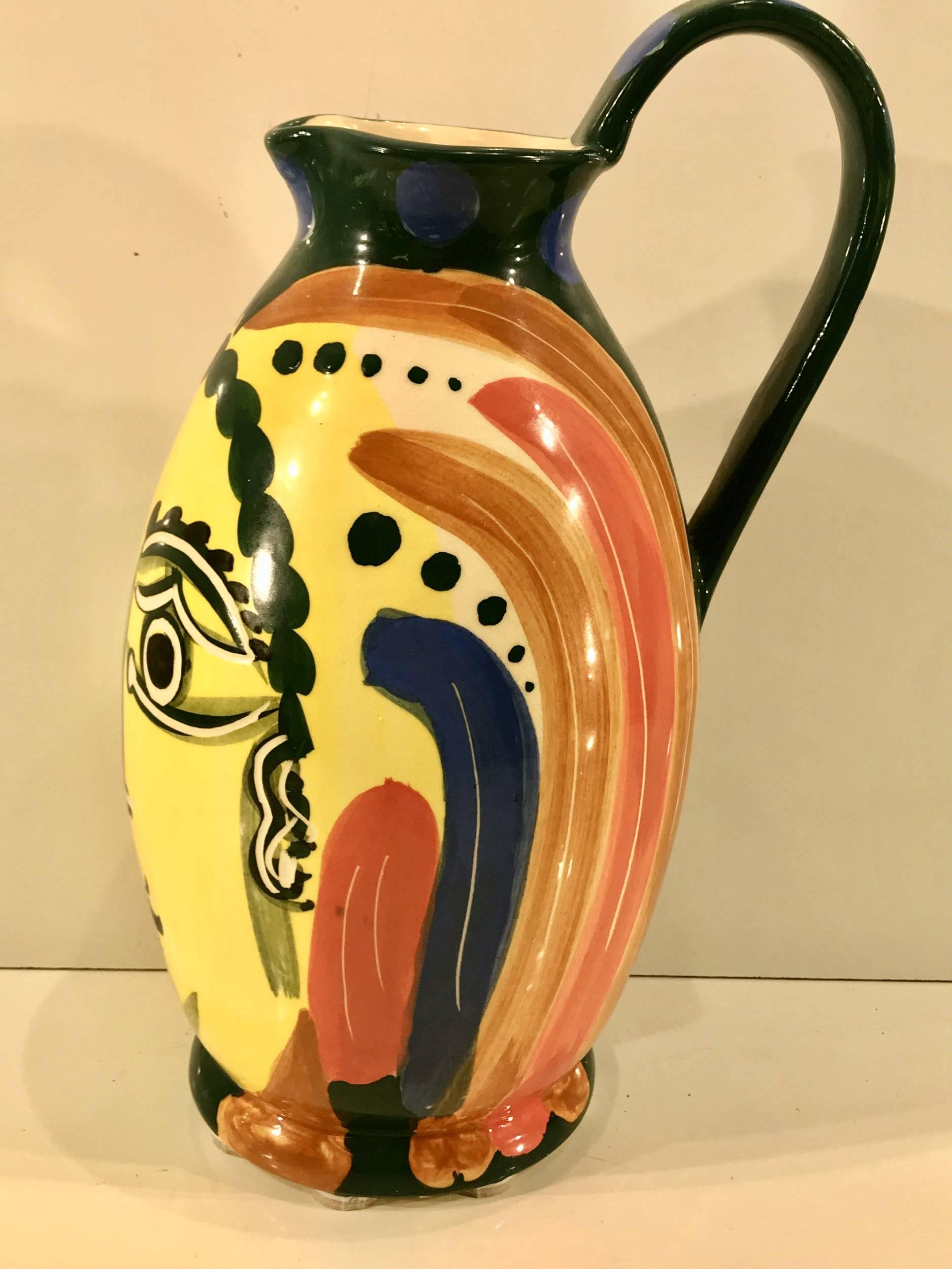 20th Century After Picasso 'Femme Du Barbu' Pottery Pitcher, Stamped Edition Picasso