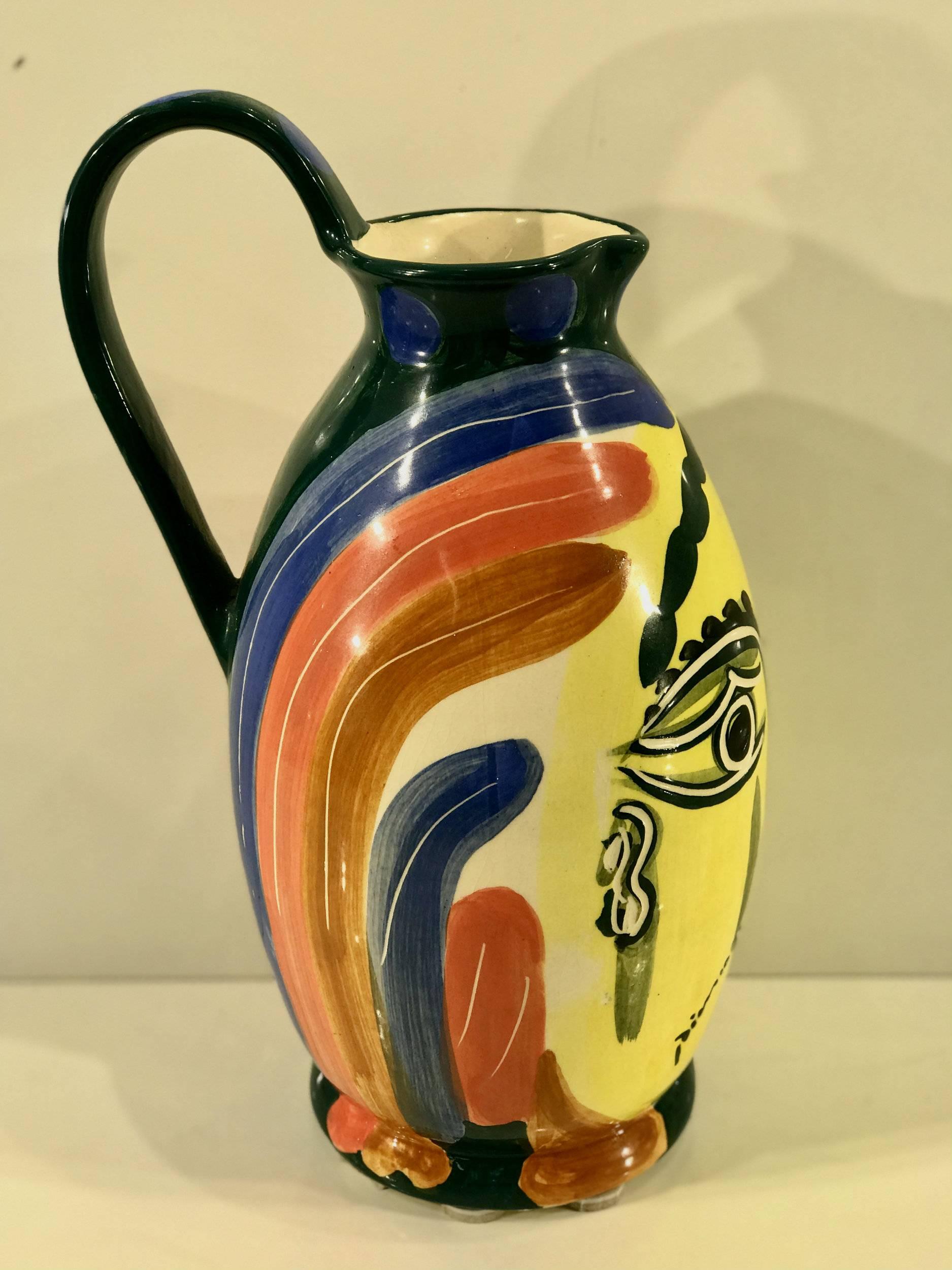 Mid-Century Modern After Picasso 'Femme Du Barbu' Pottery Pitcher, Stamped Edition Picasso
